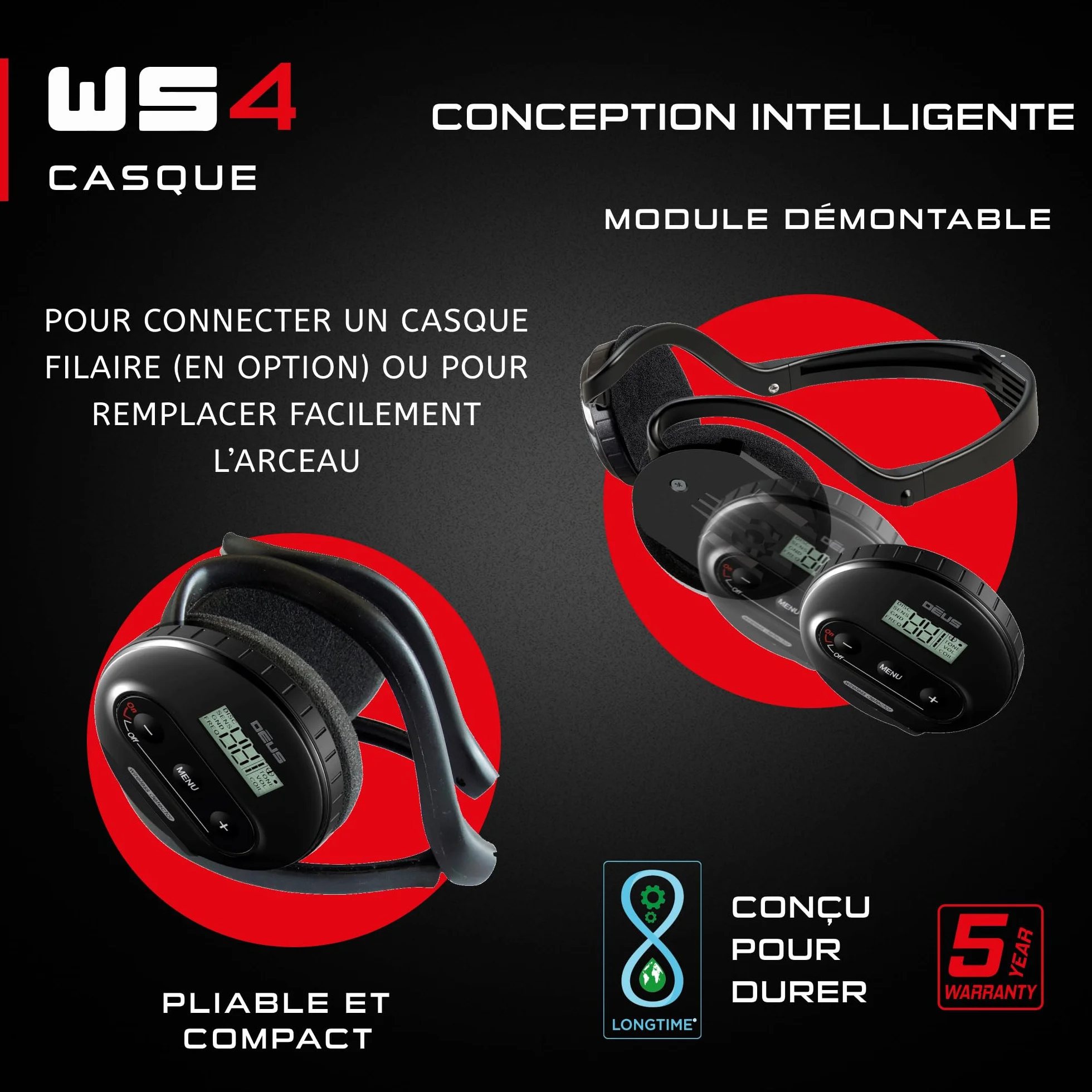 Casque sans-fil XP METAL DETECTORS WS4 pour détecteur de métaux Deus, imperméable, pliable, léger avec module détachable