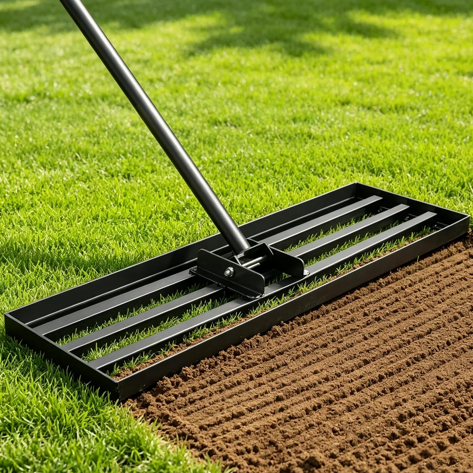 Râteau Niveleur de Gazon 114,3 × 25,4 cm avec Manche en Acier Inoxydable 213 cm, Râteau de Nivellement Extra Large pour Pelouse, Terre, Sable et Terreau, Outil de Jardin Robuste pour Grandes Surfaces