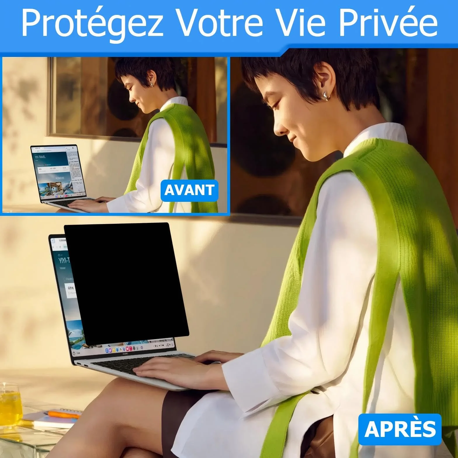 Filtre de Confidentialité 14 Pouces 16:10 Amovible Anti-Lumière Bleue Anti-éblouissement pour Ordinateur Portable