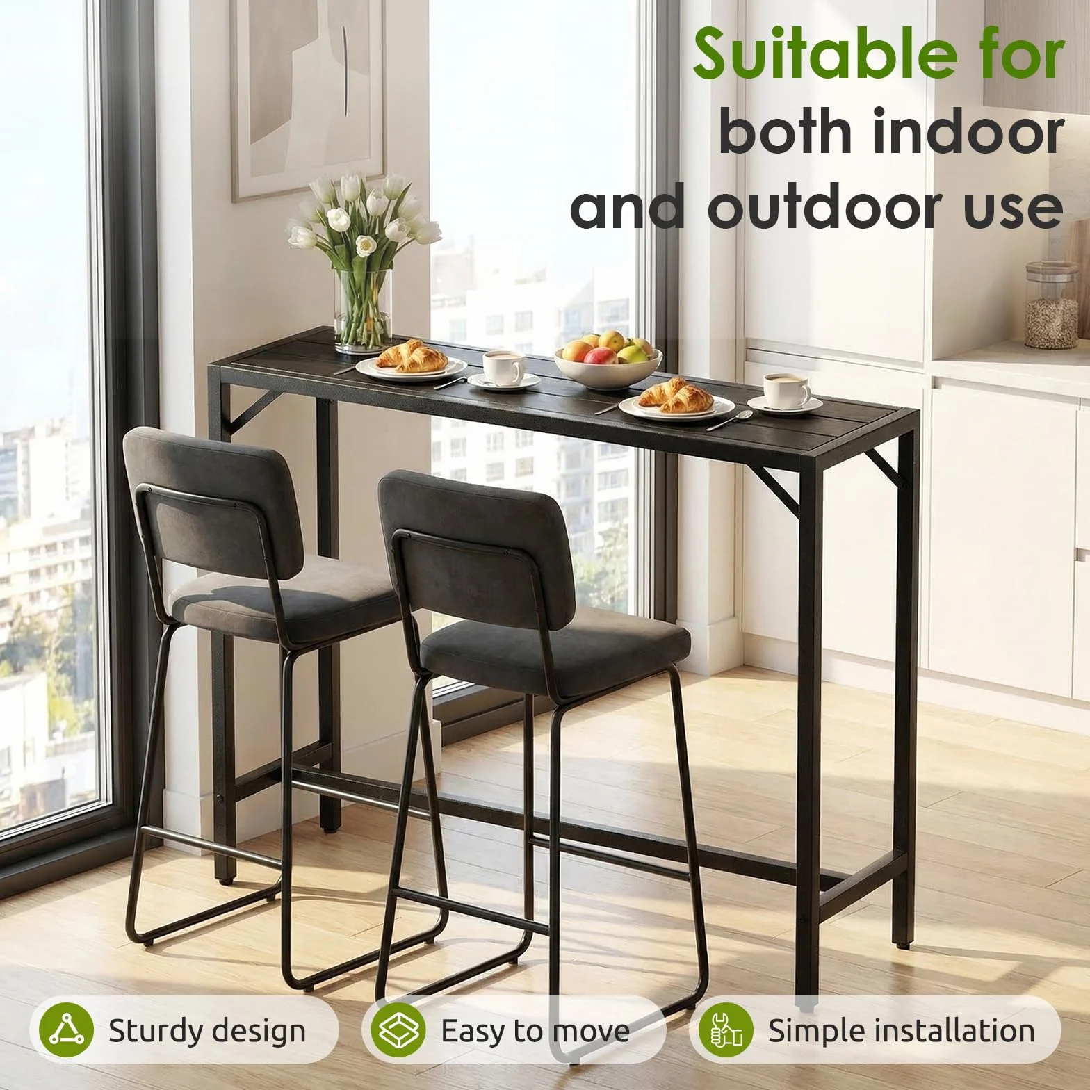 Table de Bar Exterieur LIFERUN 120 x 38 x 98 cm Pieds Réglables Plateau Étanche Noir