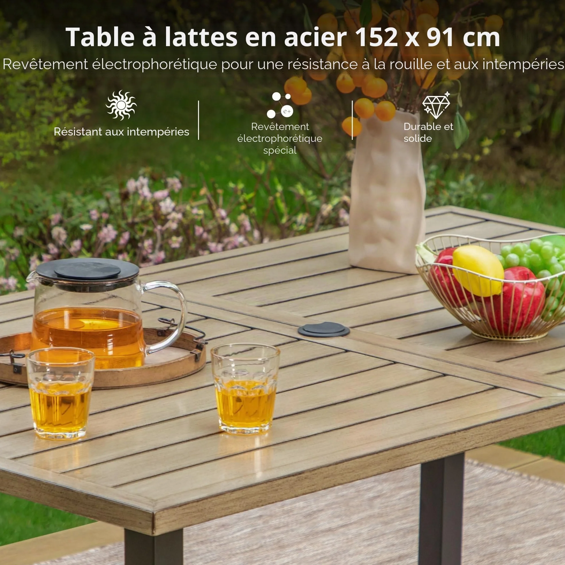 Table de jardin rectangulaire avec trou pour parasol 152 x 92 x 73 cm métal résistante aux intempéries PHI VILLA