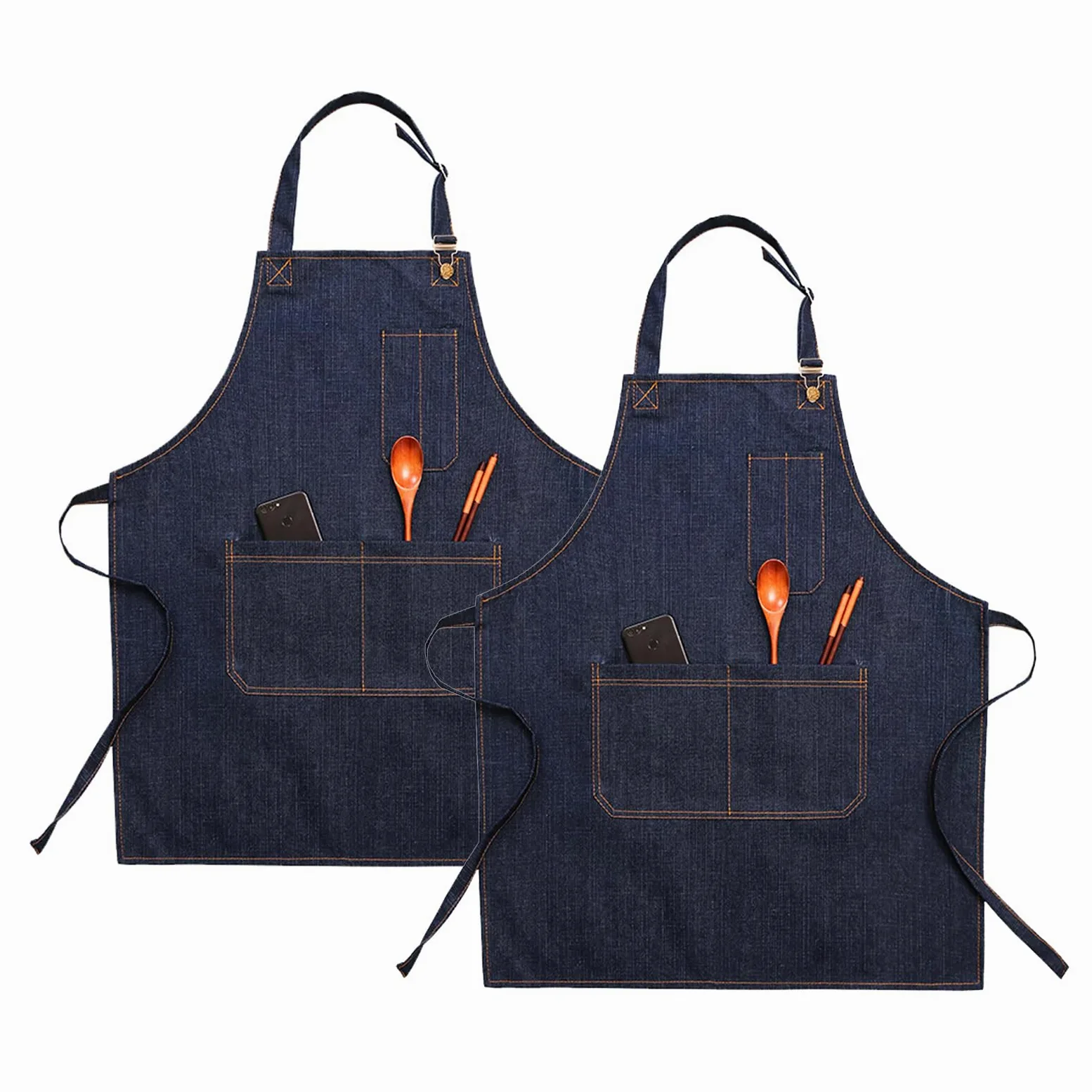 Tabliers, Lot de 2 tabliers chef avec poches, bretelles réglables, unisexes, en jean, for la maison, cuisine, le jardin, peinture artistique, bleu