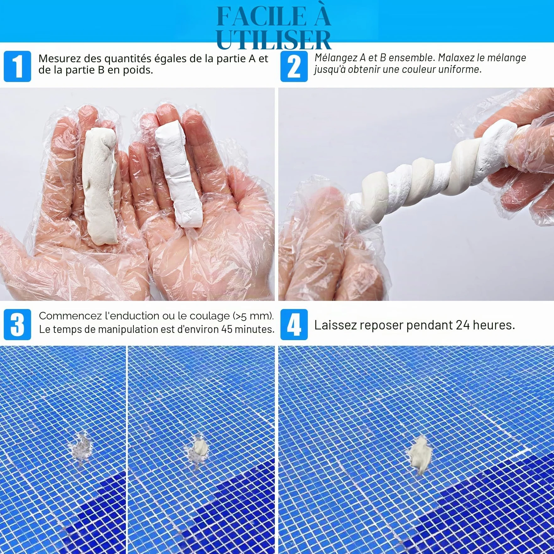 Mastic époxy 340g réparation rapide piscine sous l'eau sur l'eau 2 parties argile gravée métal carreaux plastique