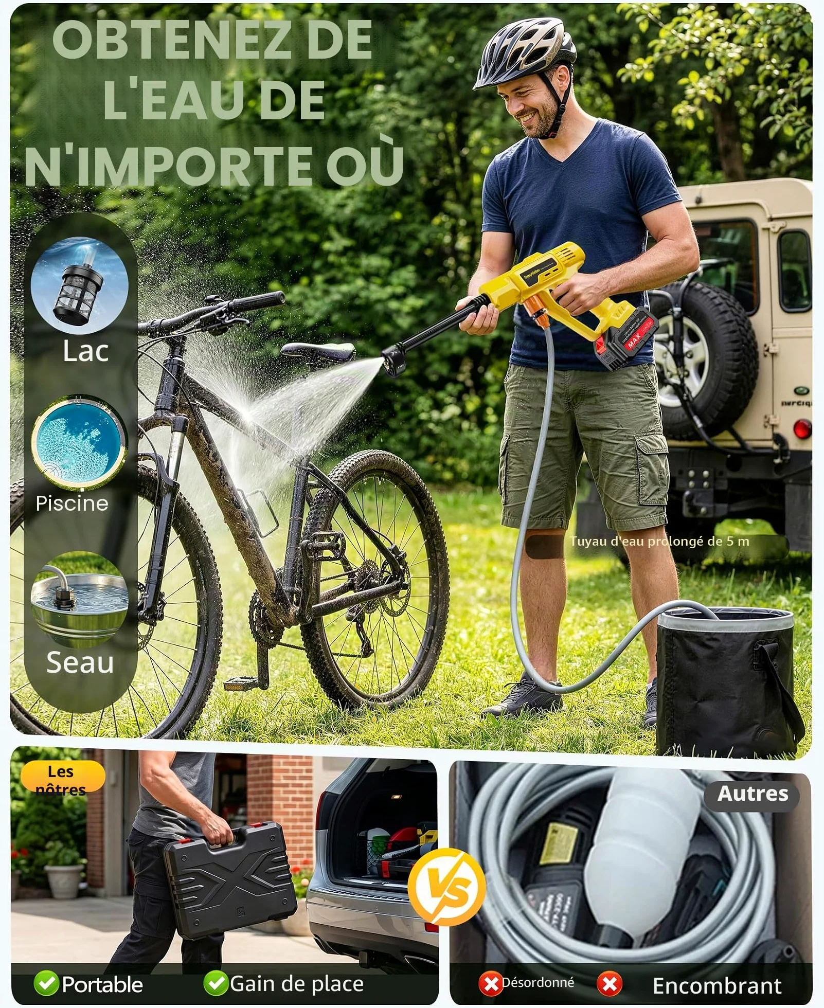 Nettoyeur Haute Pression sans Fil sur Batterie Rechargeable, 600PSI | Nettoyeur Haute Pression avec Buse Réglable 6-en-1, Pistolet Hautes Pressions sans Fil à 3 Vitesses réglables - Jaune