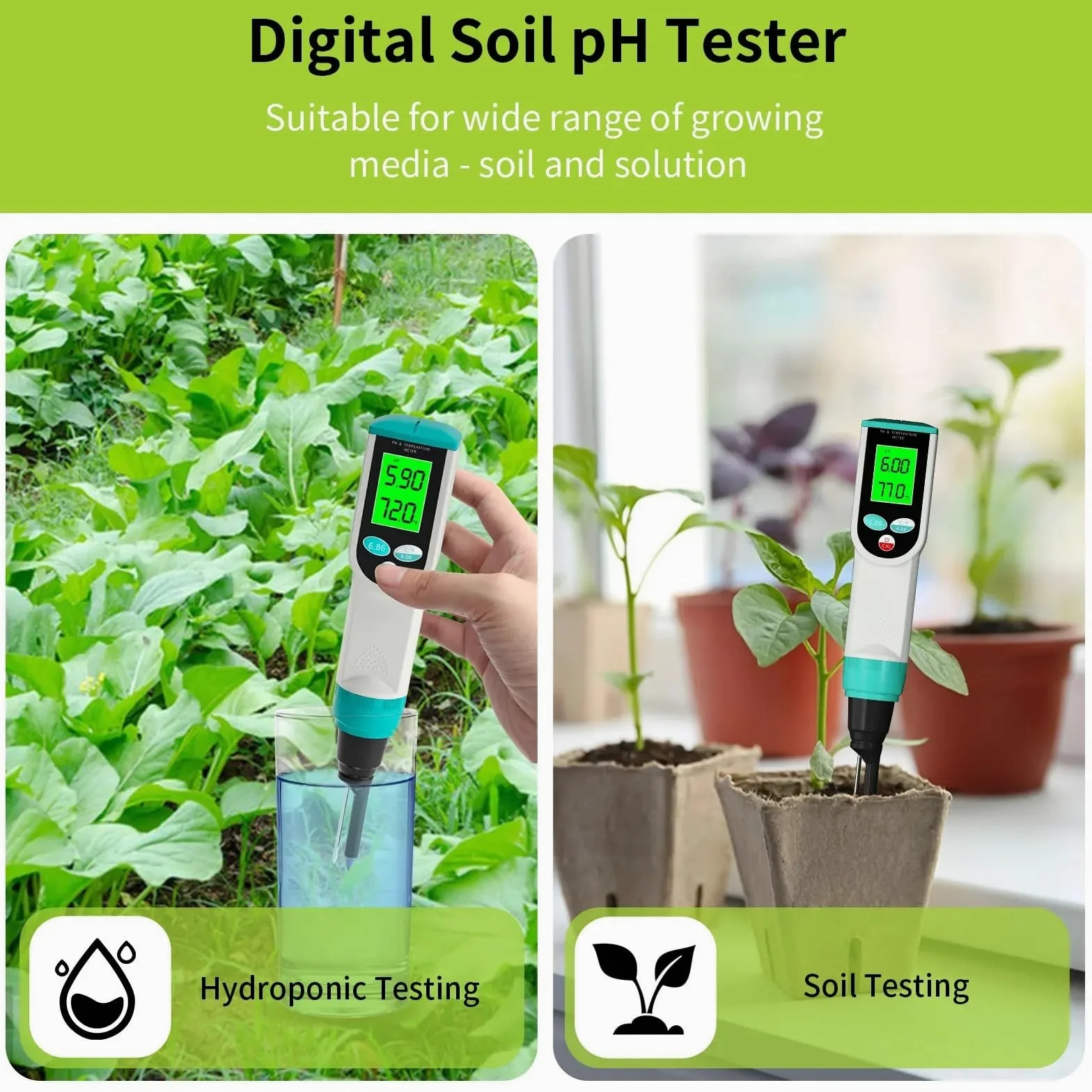 Testeur numérique de PH du Sol, précision 0.00~14.00pH, testeur d'acidité, analyseur capteur for Plantation en Plein air, Jardin et Terres agricoles Jardinage, Agriculture