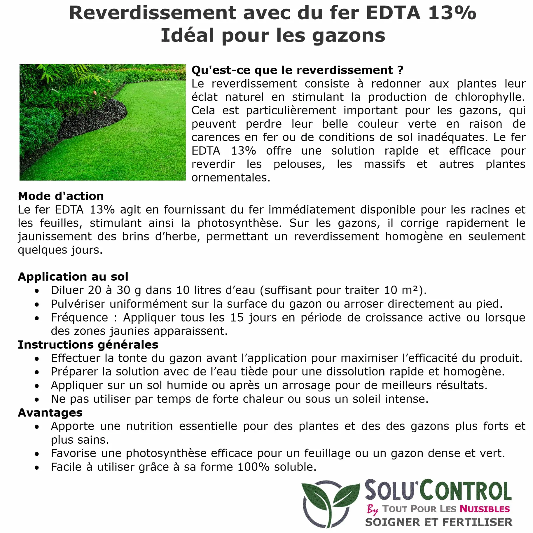 Solu'Control Chélate de Fer EDTA 13%, Anti-chlorose, Fertilisant, Reverdissant, 5 kg