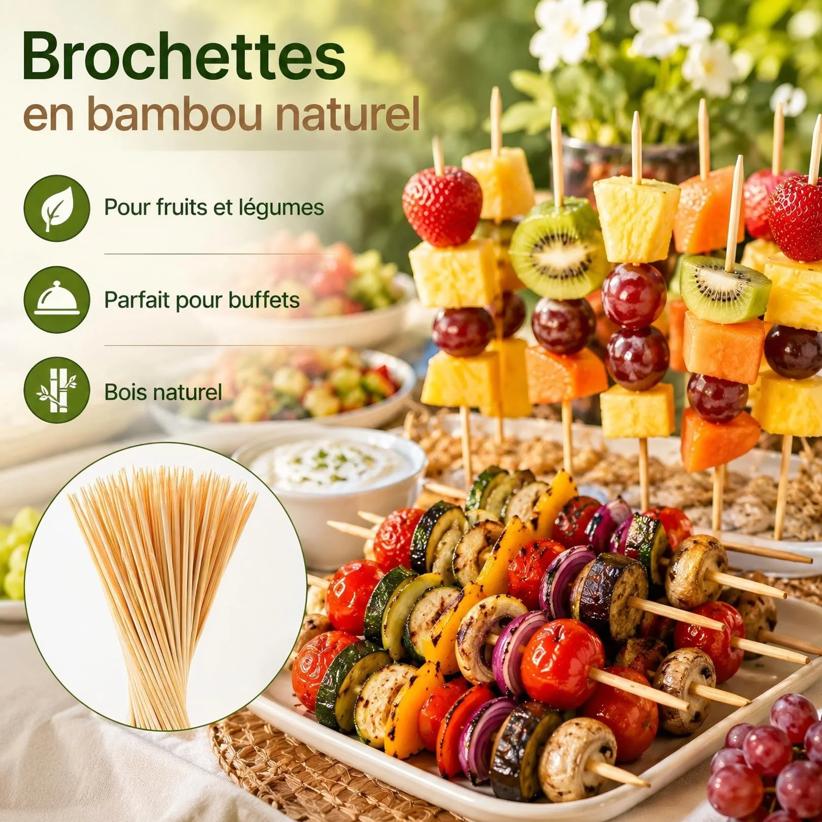 Lot de 100 Pics à Brochettes en Bois 3.5mm x 15cm pour Barbecue, Grillades, Fruits et Légumes