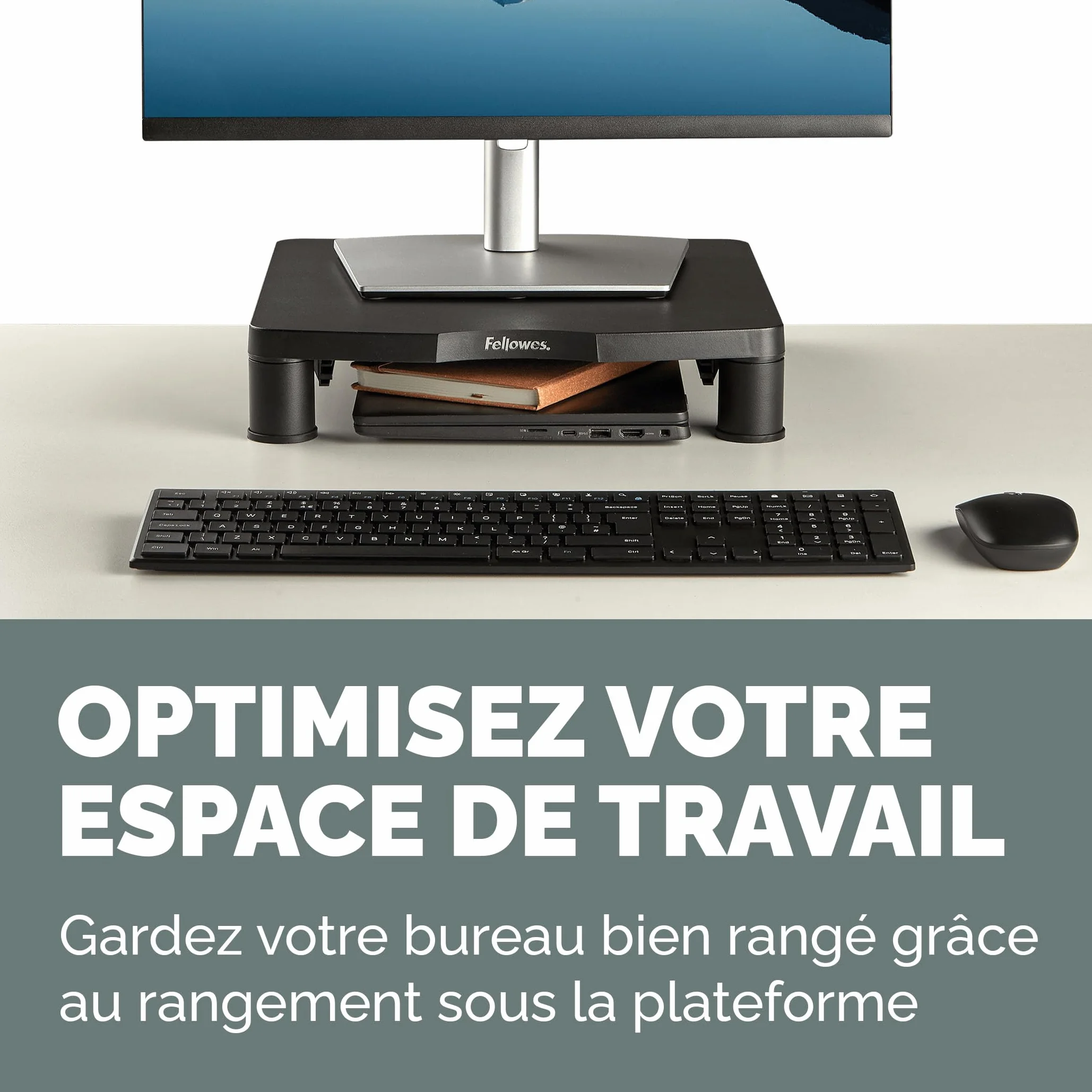 Fellowes Support d'écran Everyday Noir Réglable en Hauteur 3 Niveaux Ergonomique Gestion des câbles Charge Max 27 kg