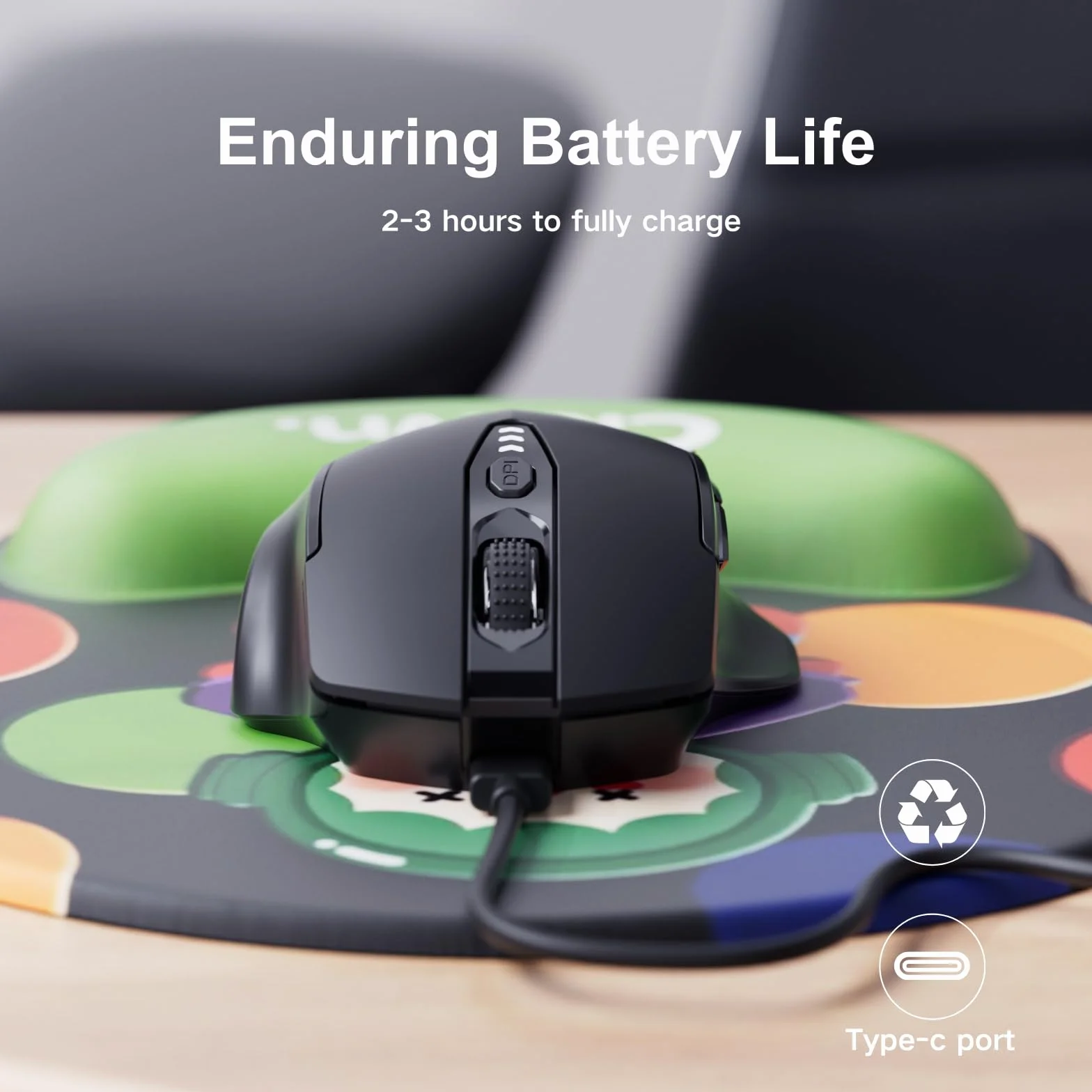 Uineer Souris sans Fil Rechargeable 2.4G USB, Ergonomique, 4 Niveaux DPI réglables, Indicateur de Batterie