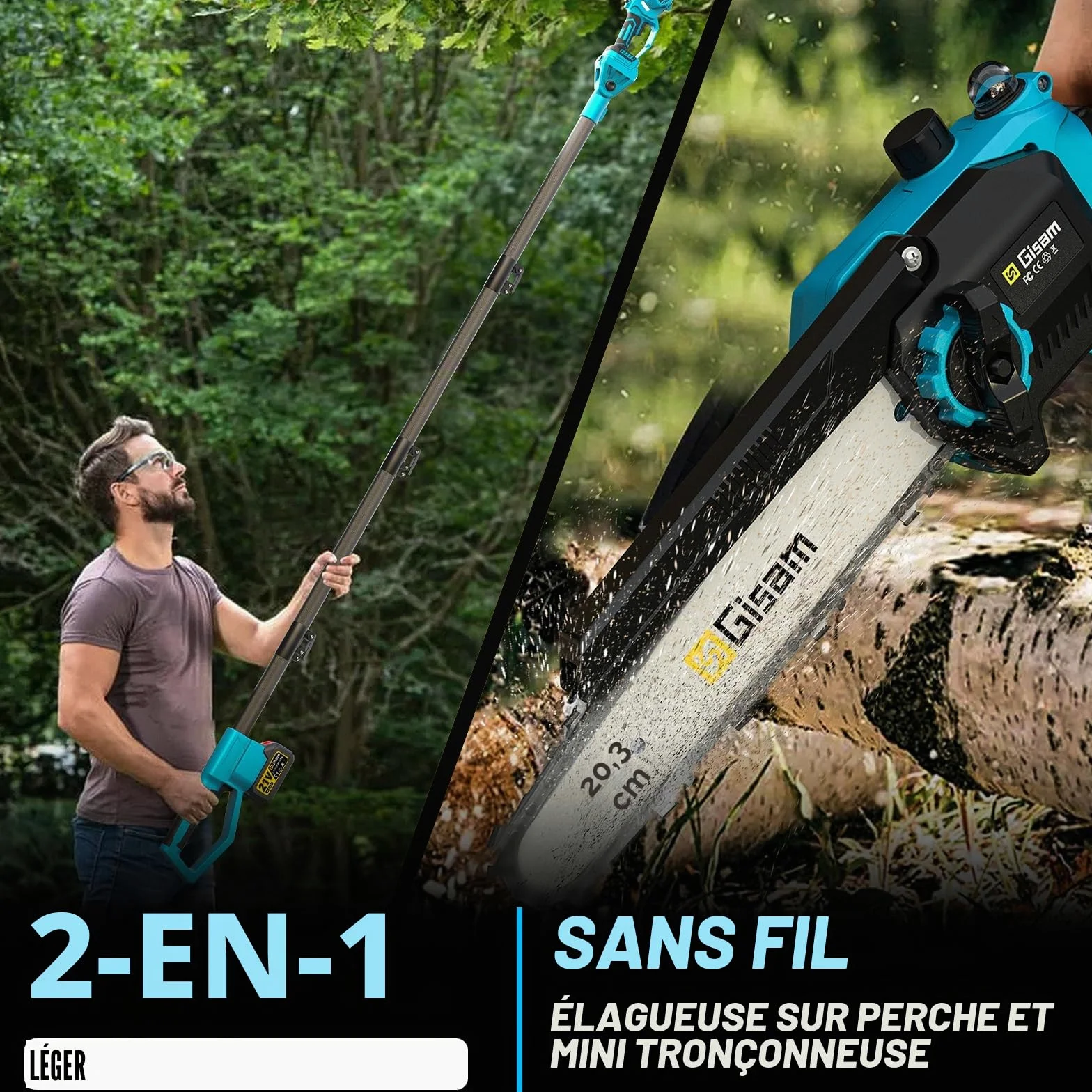 Mini TronçOnneuse 2 En 1 Avec Perche TéLescopique,Moteur Sans Balais 2600w,TronçOnneuse 8 Pouces, Lubrificateur Automatique Et 2 * 4000 Mah,Extensible Jusqu'à 4,2m Pour Branches D'Arbres, Coupe