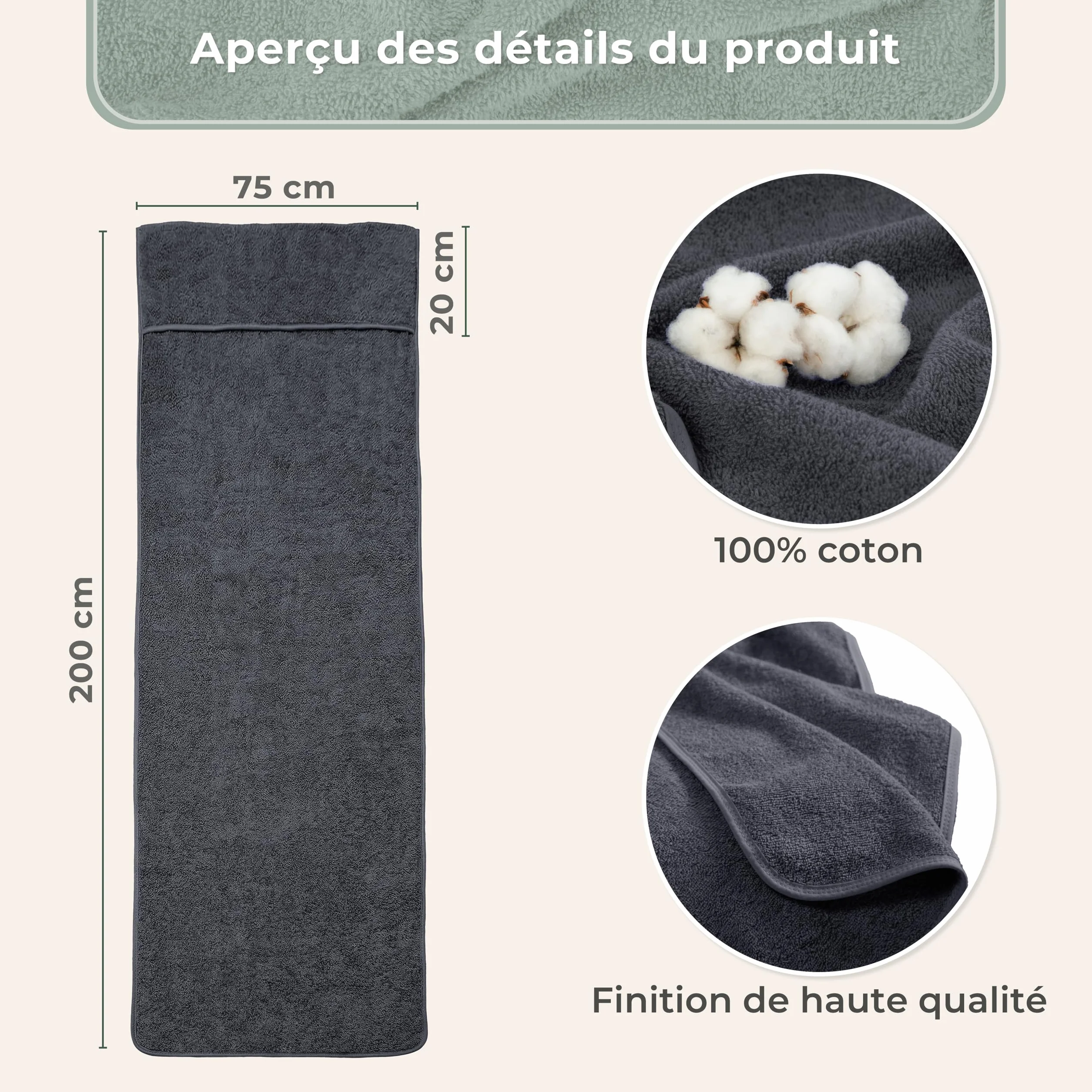 Housse de Protection pour Chaise Longue de Jardin LAYNENBURG - 100% Coton Oeko-TEX - Housse de Serviette en éponge (75x200 cm Anthracite)