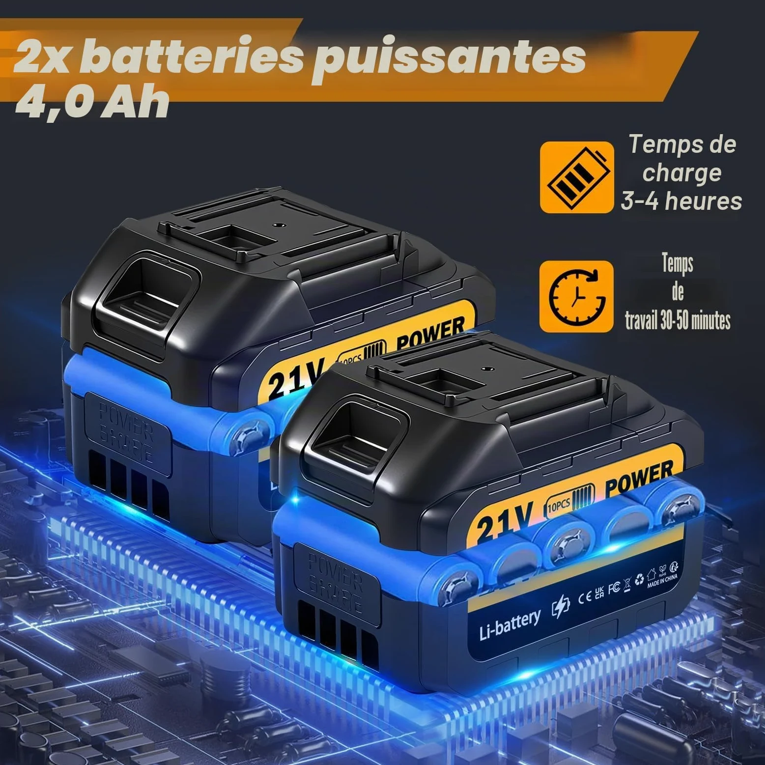 Nettoyeur haute pression sans fil 200 bar | Pistolet portable avec 2 batteries de 4000 mAh | Pistolet de lavage sans fil 4 niveaux de débit d'eau réglable 6 en 1 buse réglable avec tuyau de 5