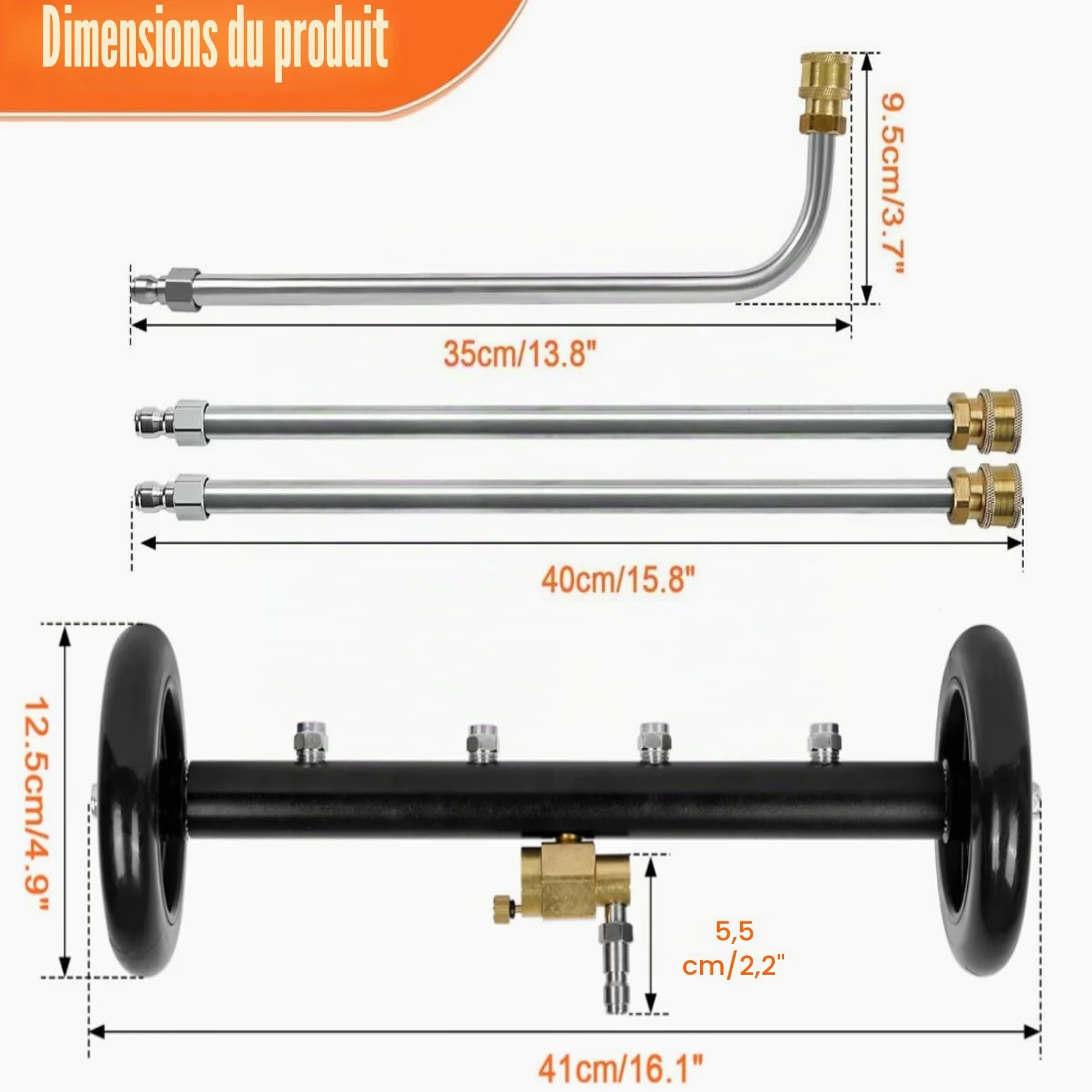 YUET Balai d'eau de Lavage de Voiture, 2 en 1 pour Nettoyeur Haute Pression | Nettoyeur de Surface de 16 inch avec 4 Buses, 3 Tiges d'extension, 4000 PSI 40 cm, 1/4" Connexion Rapide