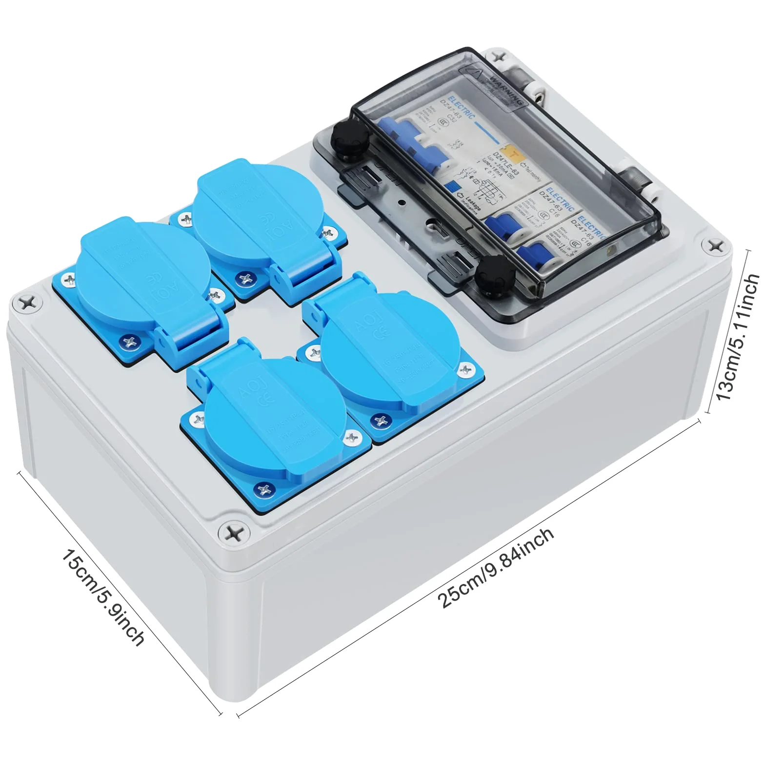 HITRENDS Répartiteur de courant de construction mural pré-câblé, 4 prises Schuko 230 V, 1 interrupteur FI 32 A + 2 interrupteurs LS 16 A, boîtier étanche IP67 pour l'intérieur et l'extérieur