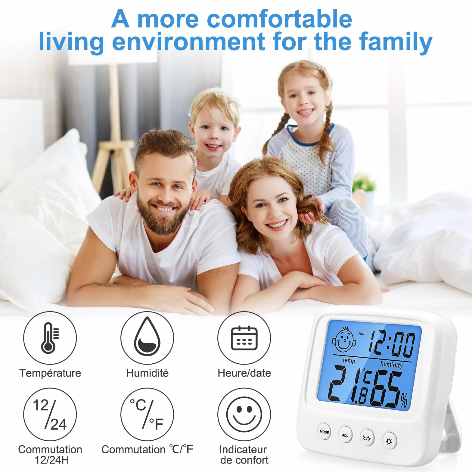 Vinabo Thermomètre Hygromètre Intérieur Digital Haute Précision avec Rétroéclairage Horloge