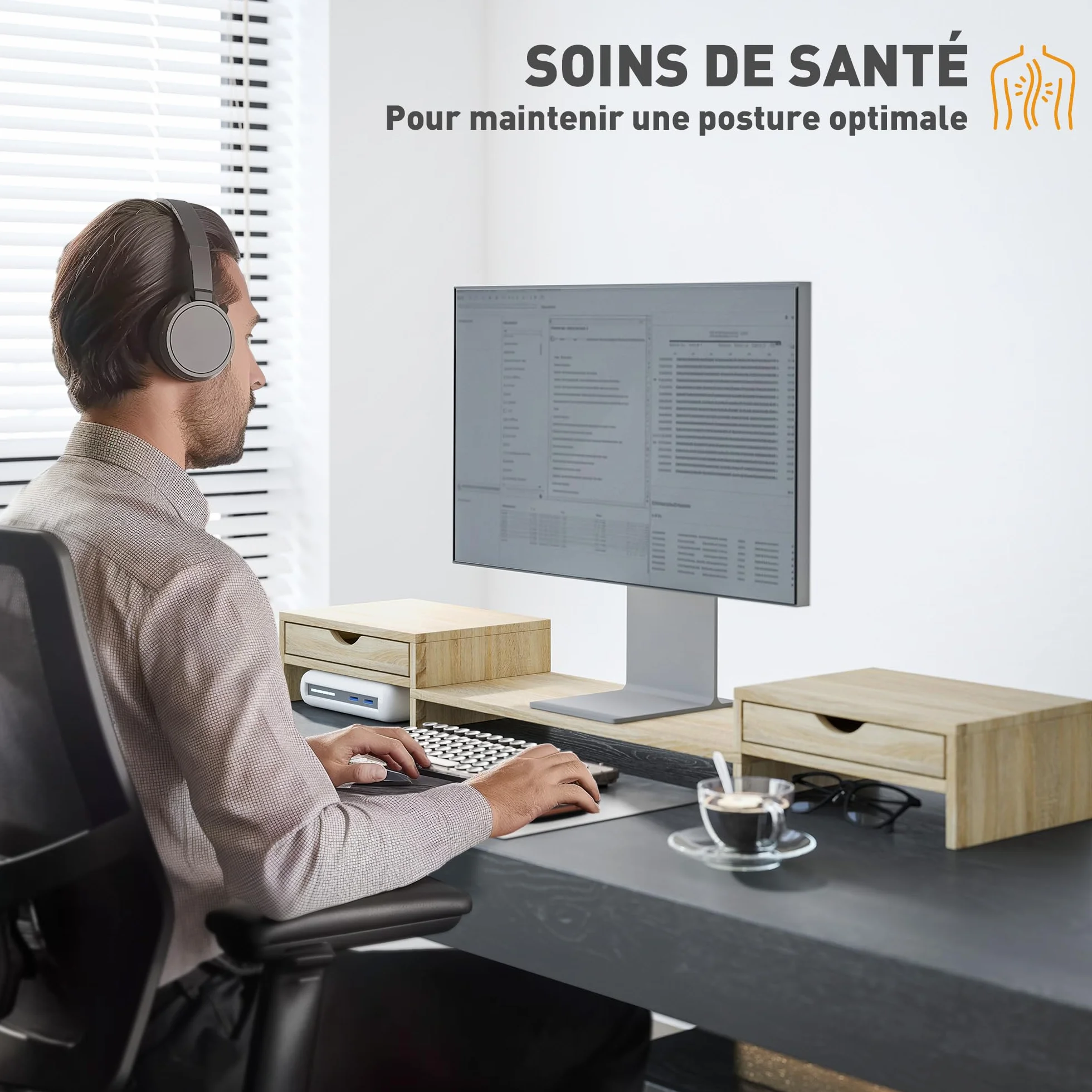 HOMCOM Rehausseur écran PC bureau support moniteur 60-116 cm 2 tiroirs réglable chêne