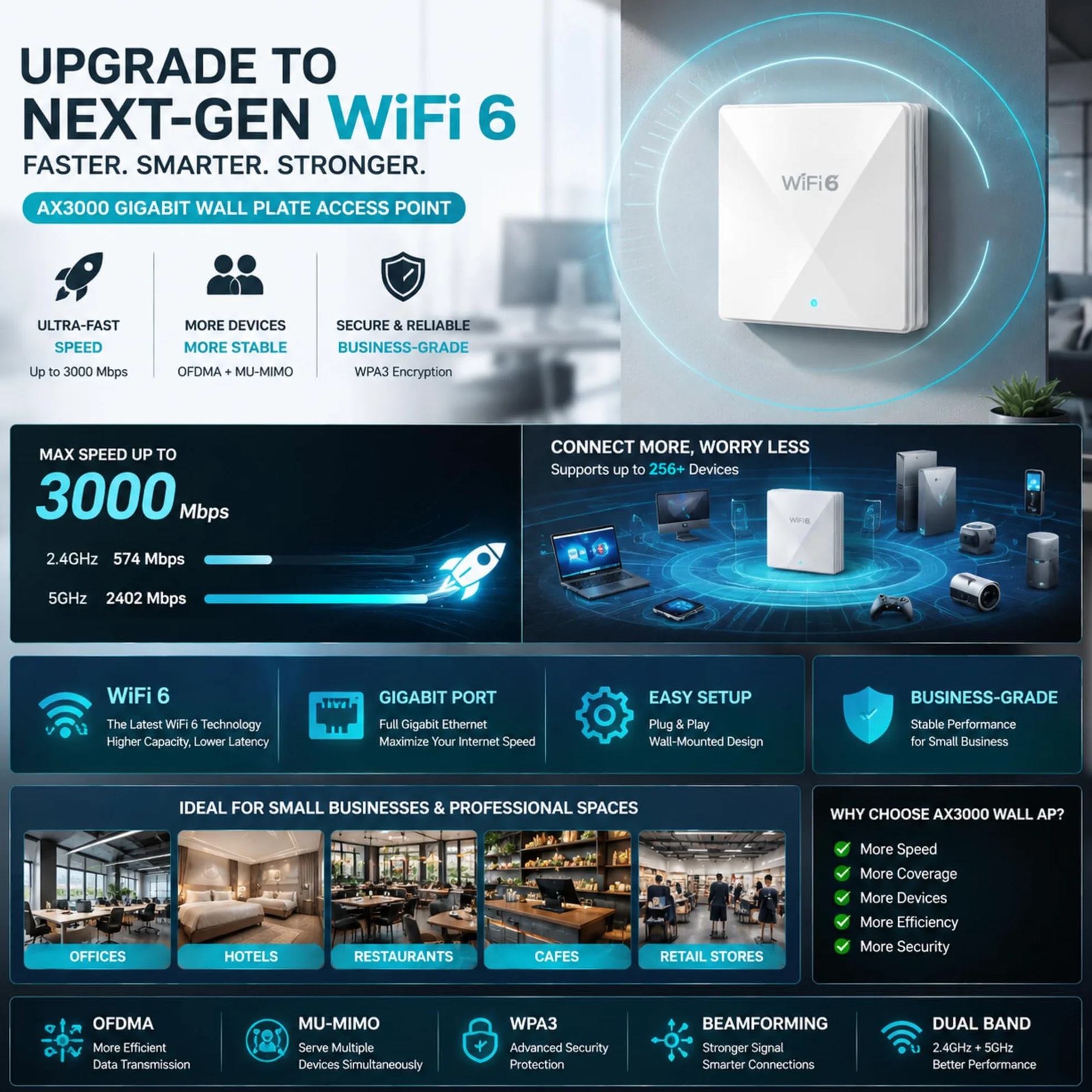 TP-Link Omada EAP650-Wall Point d'accès WiFi 6 AX3000 Murale, PoE 802.3af/at, Gigabit Ethernet