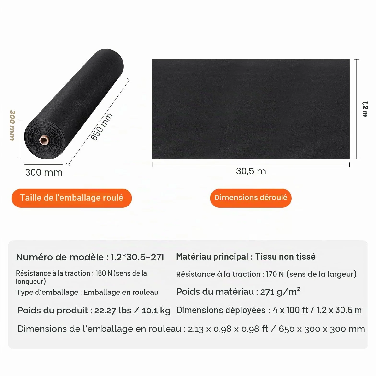 VEVOR Géotextile Non Tissé 1,2x30,5 m Toile de Paillage Anti-Mauvaises Herbes 271 g/m² Noir