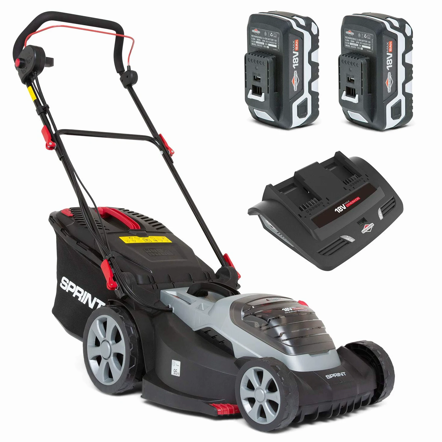 Sprint 2x18V (36V) Tondeuse à gazon Lithium-Ion 44 cm de largeur de coupe 440P18V, Powered by Briggs & Stratton, jusqu'à 640 m2, comprenant 2 batteries 5 Ah et un double chargeur, garantie 5 ans.