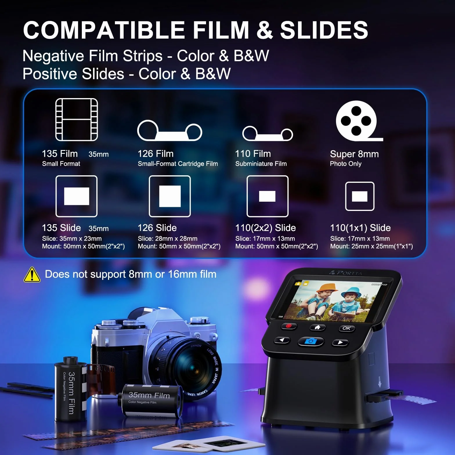 PORTTA Scanner Diapositives 5" LCD 22MP Film & Negative Scanner 135 126 110 HDMI SD Card