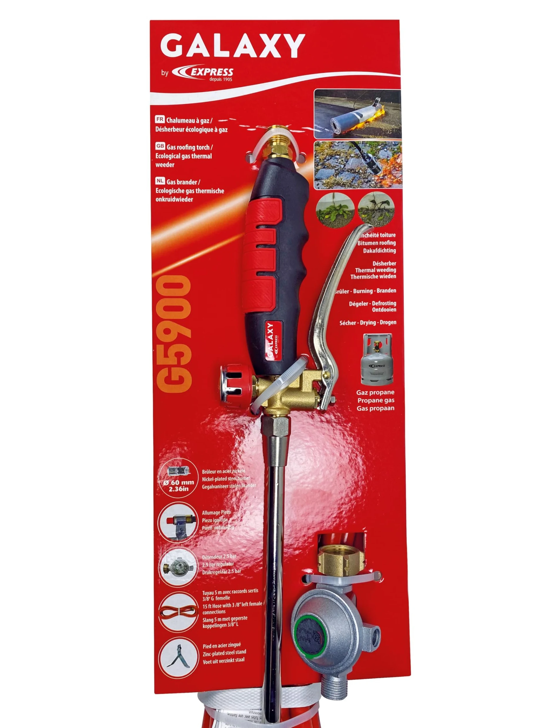 Express, G5900, Désherbeur thermique contre les mauvaises herbes, Manche à gachette, Col de 600mm, Tuyau 4,75m avec raccords sertis, Détendeur 2,5bar, Bruleur acier zingué anti corrosion