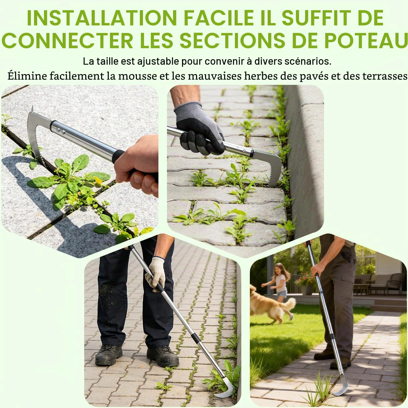 Outil de Désherbage avec Long Manche, 60-160 cm Désherbeur à Manche Long Réglables avec Bord Dentelé, Couteau Désherbeur Manuel en Acier Inoxydable pour Enlever la Mousse et Les Mauvaises Herbes