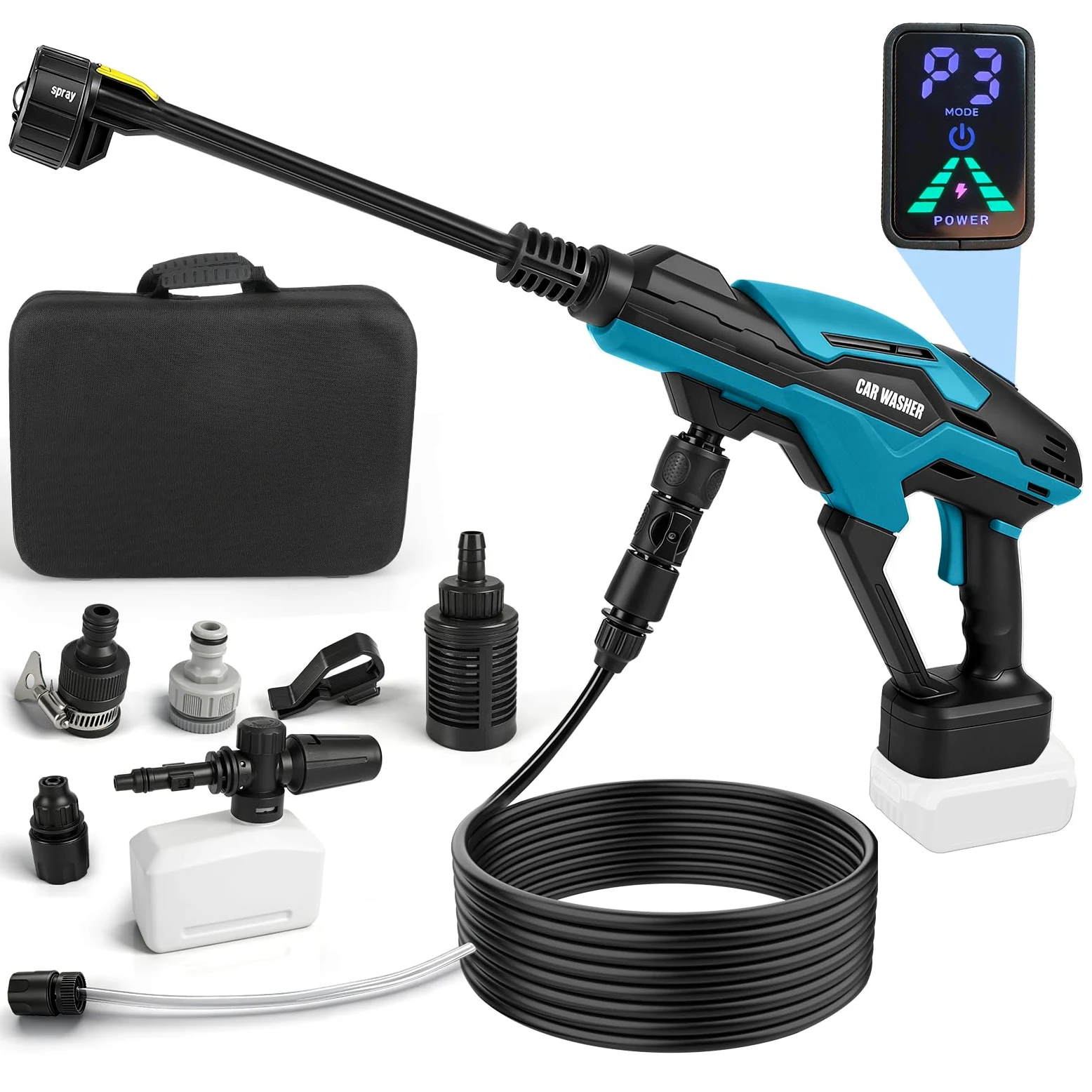 Nettoyeur haute pression sans fil compatible avec batterie Makita 18 V, pompe à eau à 3 pistons améliorée, 68 bar, nettoyeur haute pression portable sans balais avec buse 6 en 1, écran tactile