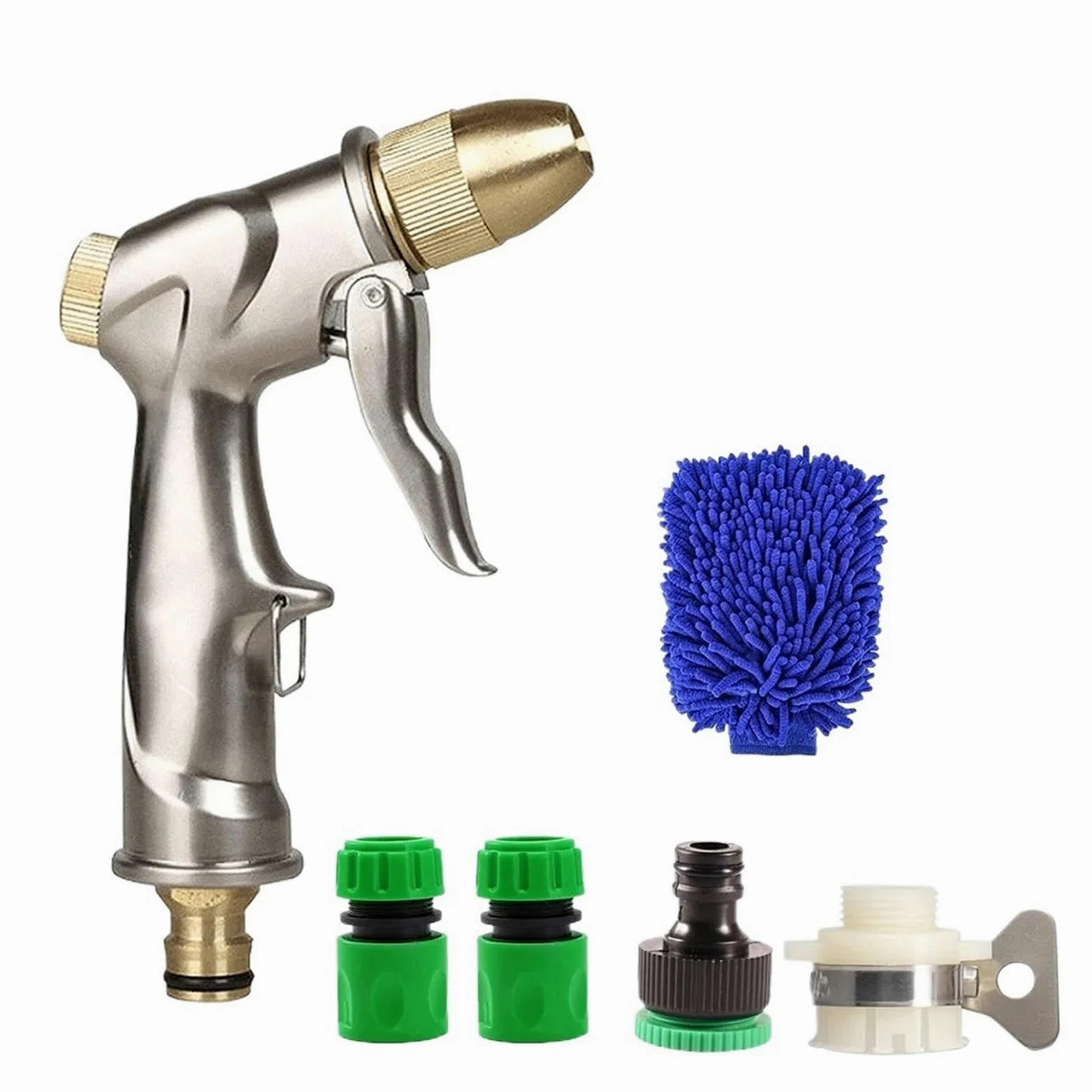Pistolet d'arrosage avec embout multi-jets, Buse en laiton alliage de zinc d'eau jardin à haute pression connecteur rapide 3/4 pouces avec le tissu(1 Set)