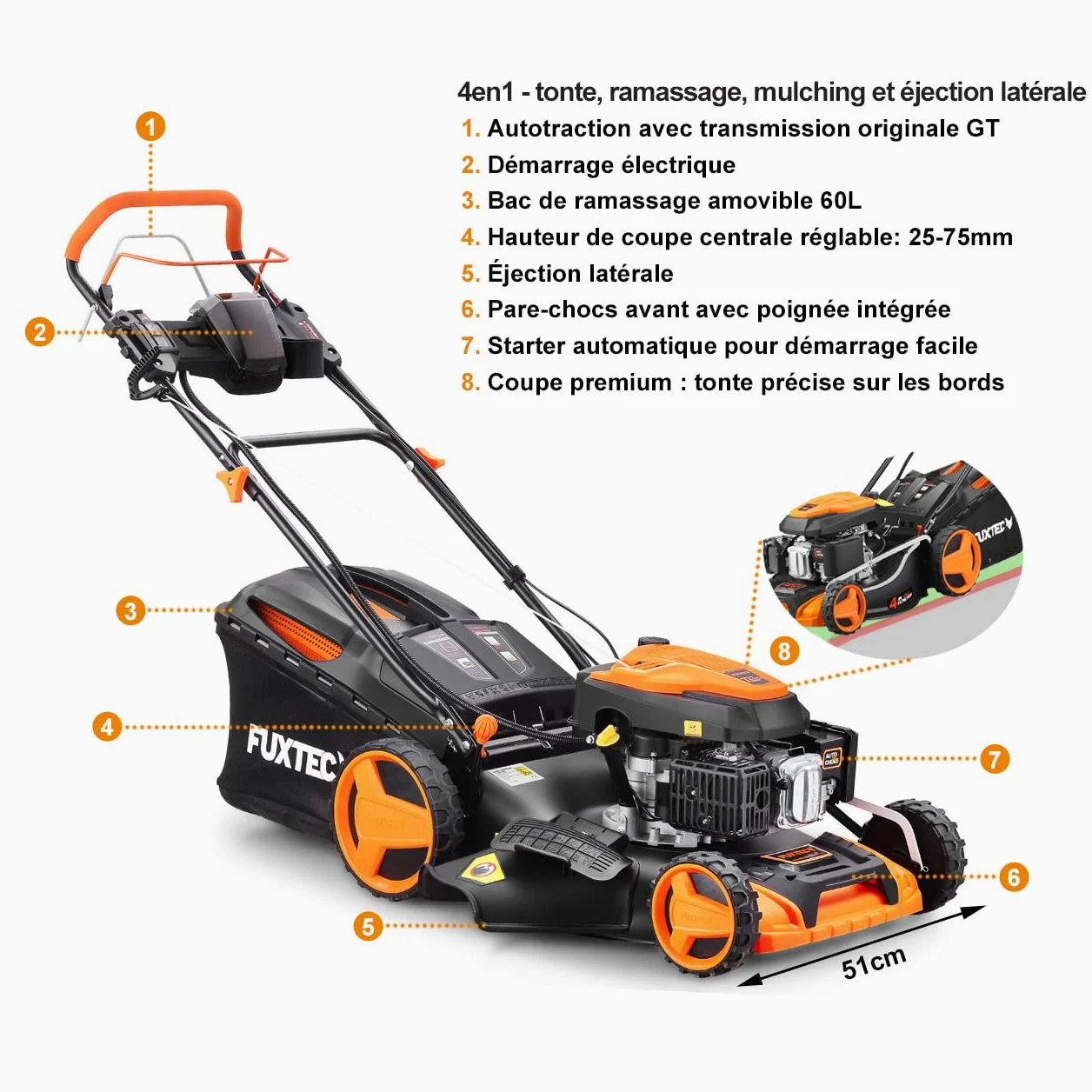 FUXTEC 4en1 Tondeuse Thermique Démarrage Électrique FX-RM5196eS - Largeur de Coupe 51cm, Système autotracté, Fonction Mulching, Réglage Central de la Hauteur de Coupe, 60L Bac de ramassage