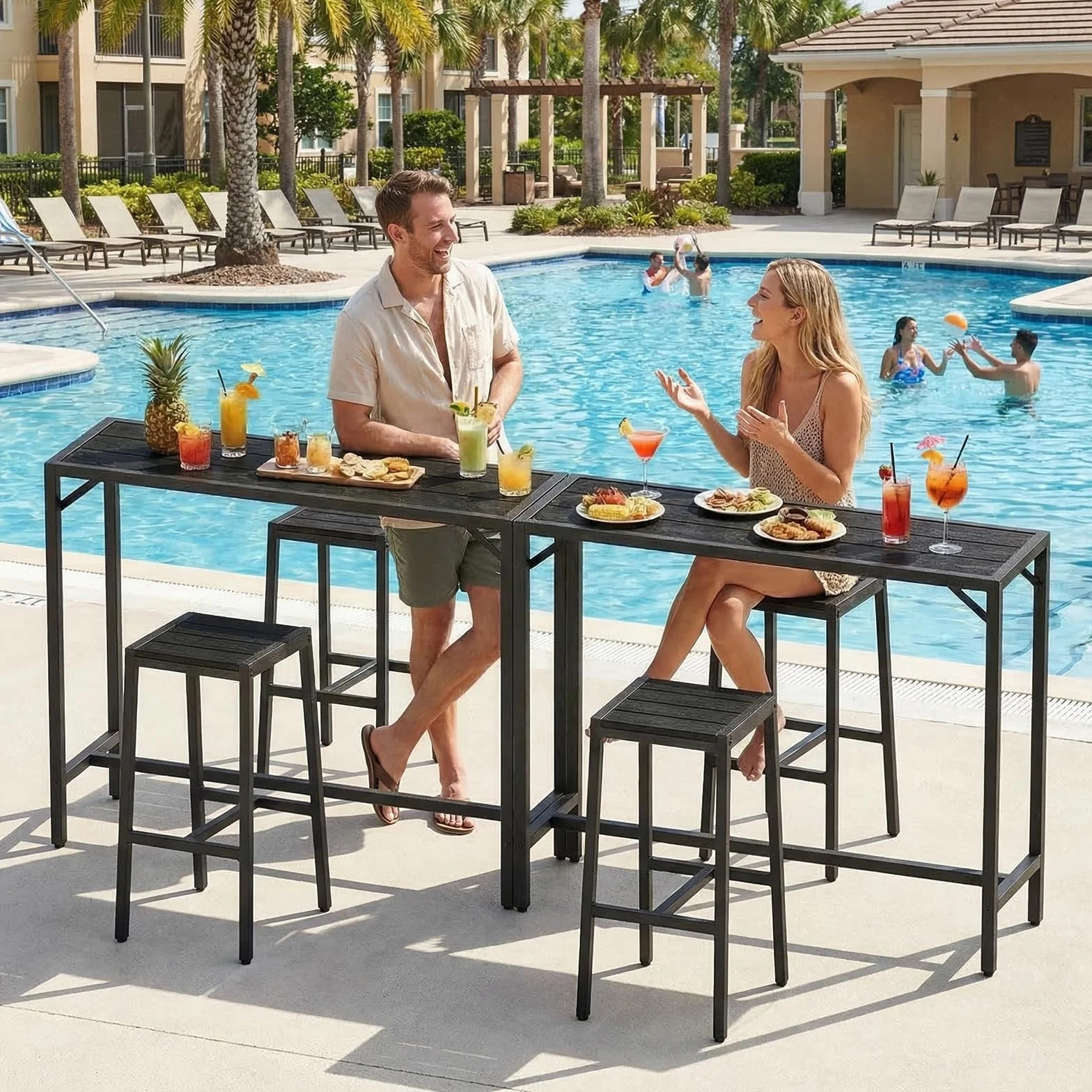 Table de Bar Exterieur LIFERUN 120 x 38 x 98 cm Pieds Réglables Plateau Étanche Noir
