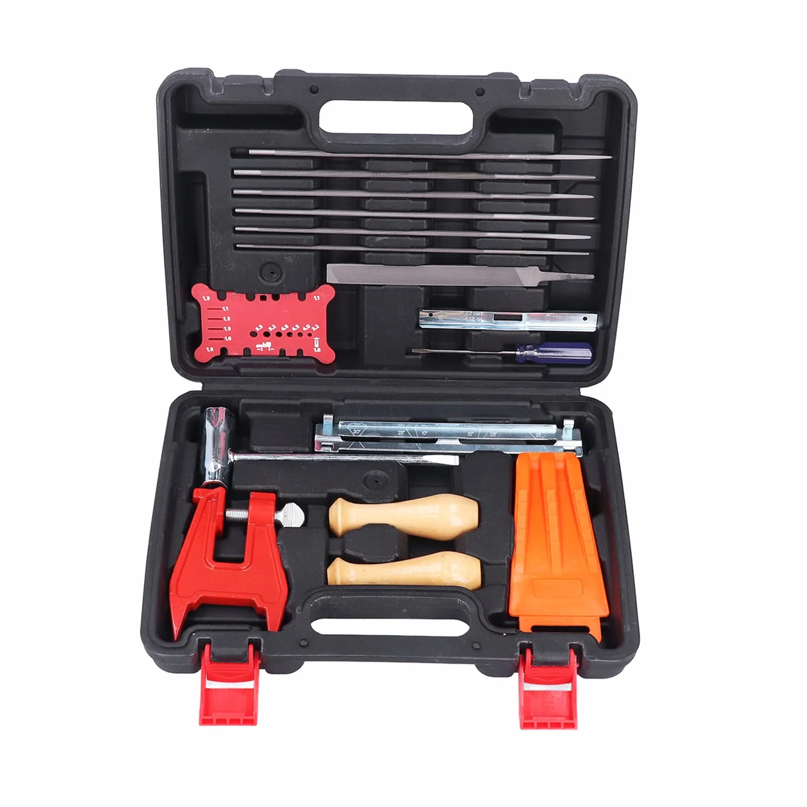 Tyenaza Kit d'affûtage de tronçonneuse 16 pièces avec étui de Rangement, Comprenant Une Lime Ronde, Un Tournevis Plat, Un Guide de Lime, Un Manche en Bois, Une Barre d'abattage et Un Outil de Mesure.