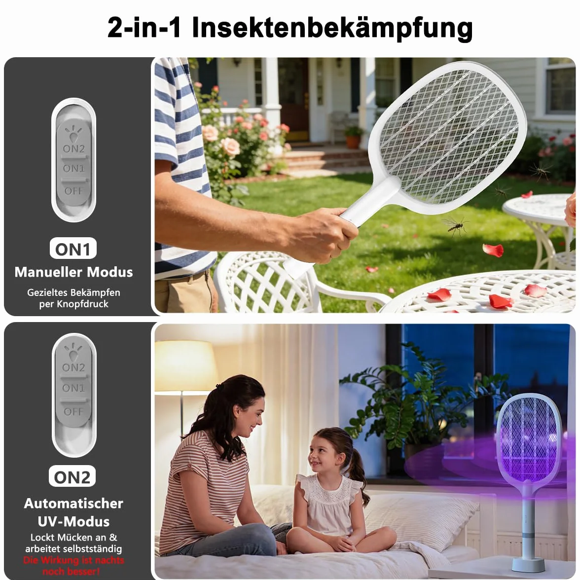 Raquette Electrique Insectes 5000V 2000mAh Anti Moustique UV USB-C Rechargeable 2 en 1 Intérieur Extérieur