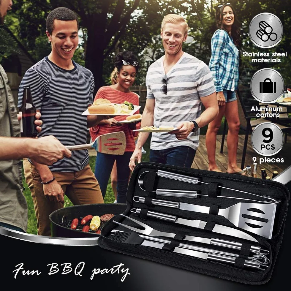 Kit Barbecue 9 Pièces en Acier Inoxydable avec Gants 800°C - Ustensiles de Cuisine pour Grillade