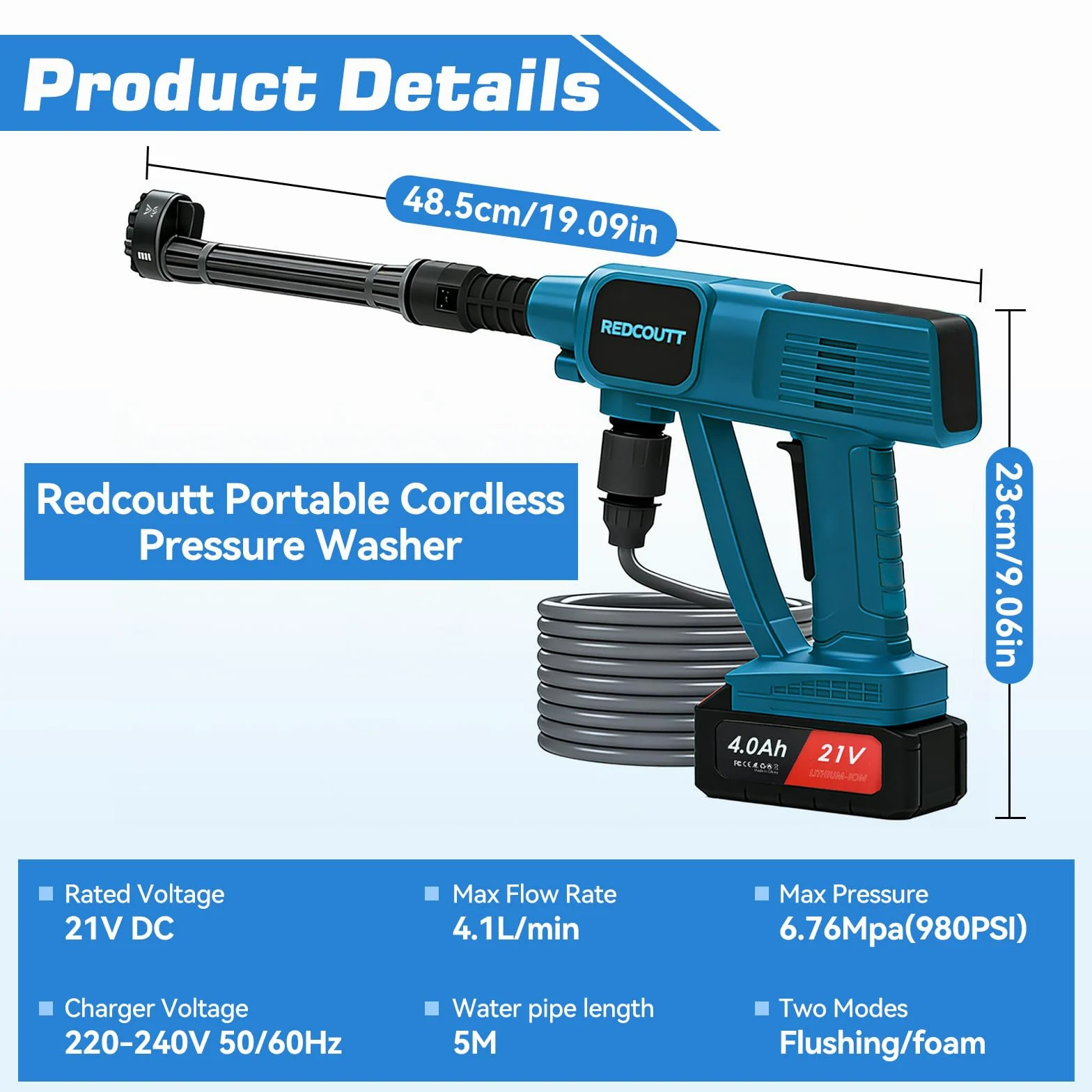 Nettoyeur Haute Pression à Batterie, Pistolet Nettoyeur Haute Pression 21V, Équipé de 2 Batteries de 4000mAh, Buse multifonctionnelle 6-en-1, Tuyau de 5 mètres, Nettoyeur Haute Pression (Bleu)