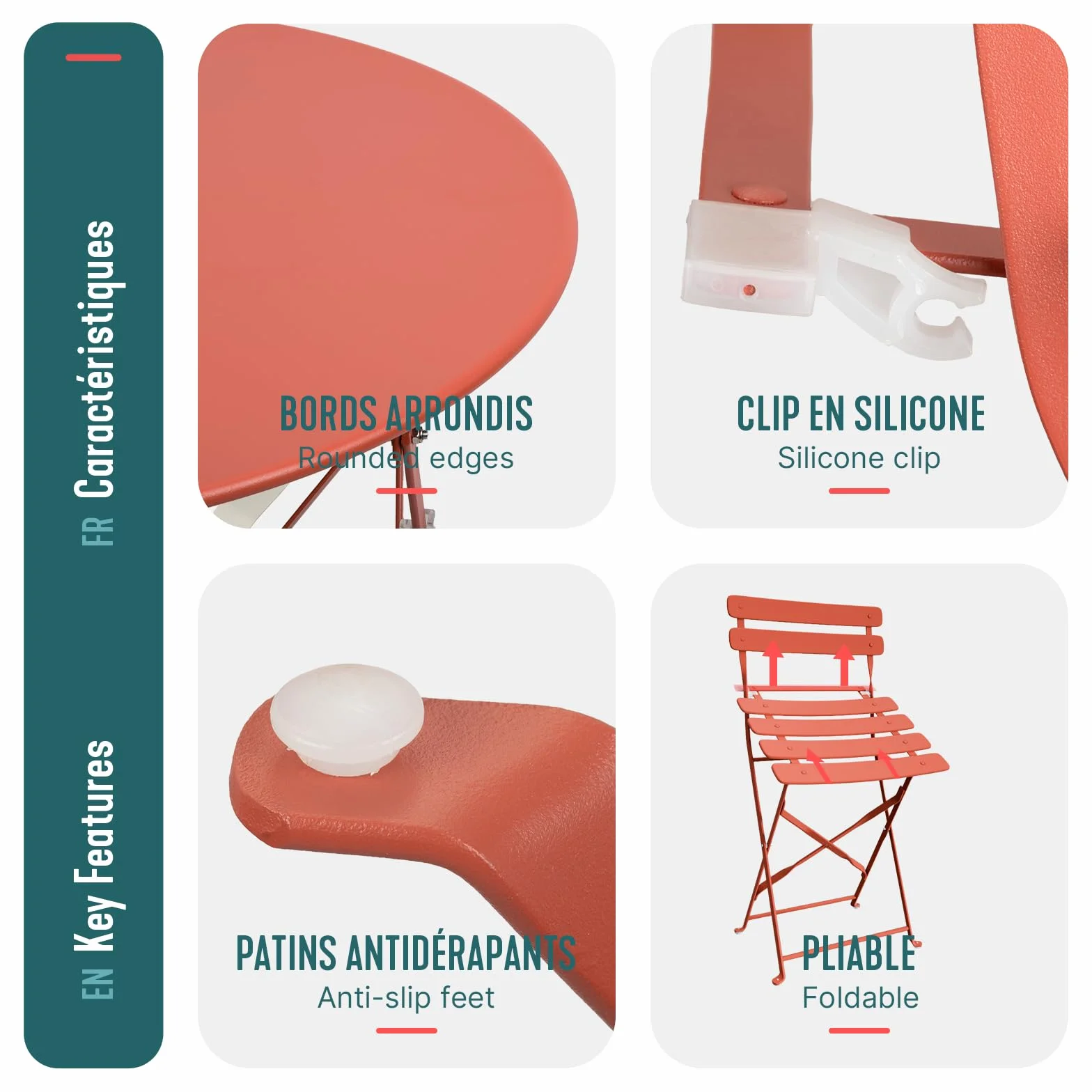 Vounot Ensemble de Bistrot Pliant 3 Pièces Métal Rouge Brique Jardin