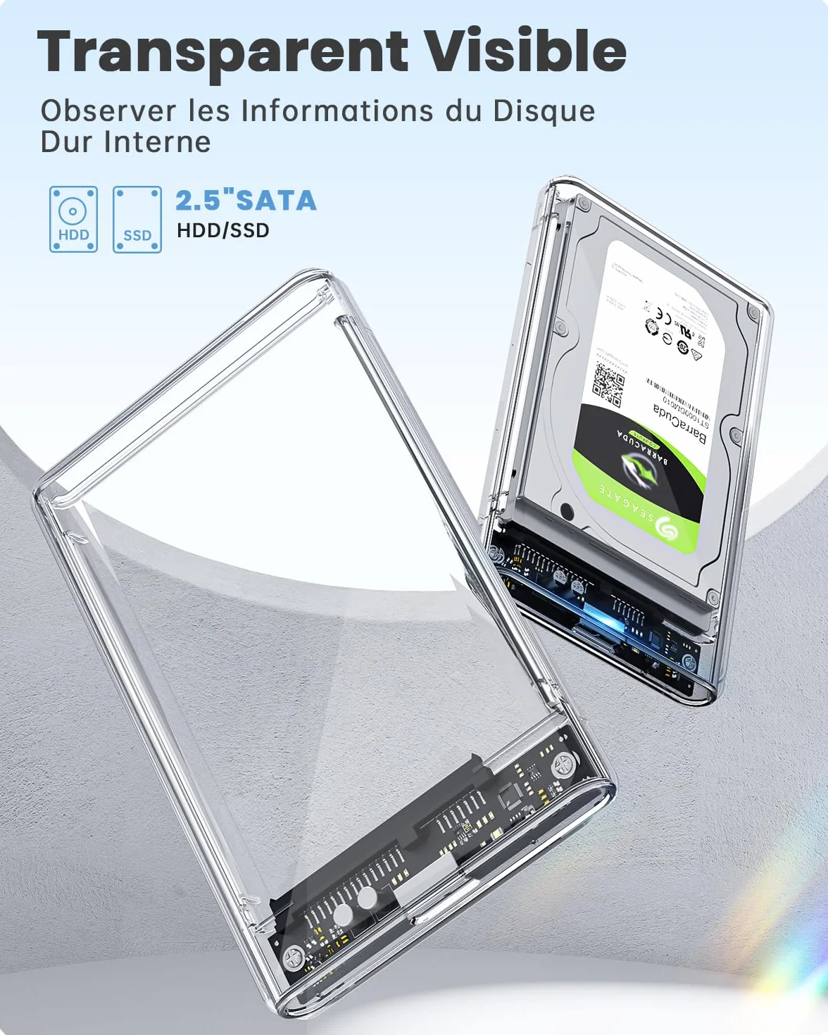 POSUGEAR Boîtier Disque Dur 2.5" USB 3.0 Externe 5Gbps SATA HDD SSD UASP Trim Sans Outils Transparent