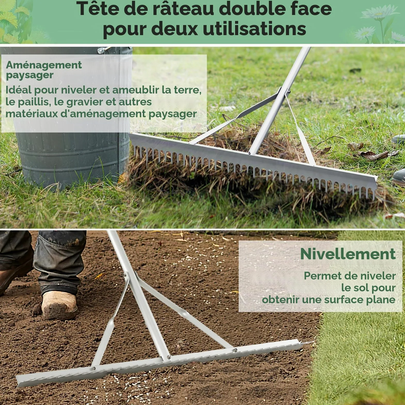 FANTASK Râteau de Jardin avec tête de râteau de 91 cm de Large et Long Manche, en Aluminium avec 36 Dents, râteau à Feuilles, râteau à Gazon pour ameublir Le Sol, Entretien du Paysage
