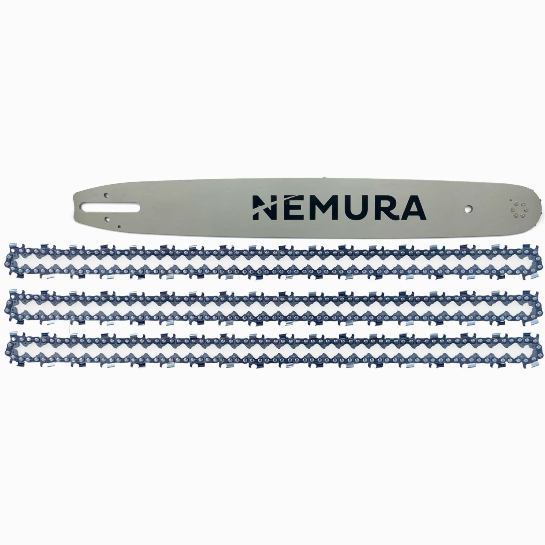 Nemura Guide de 50 cm et Lot de 3 Chaînes de tronçonneuse - Compatible avec les marques ACTIVE,MAKITA... 72 Maillons Entraîneurs - Pas 3/8 - Jauge 0.58 (1,5mm) - Pièces Détachées - Marque Française