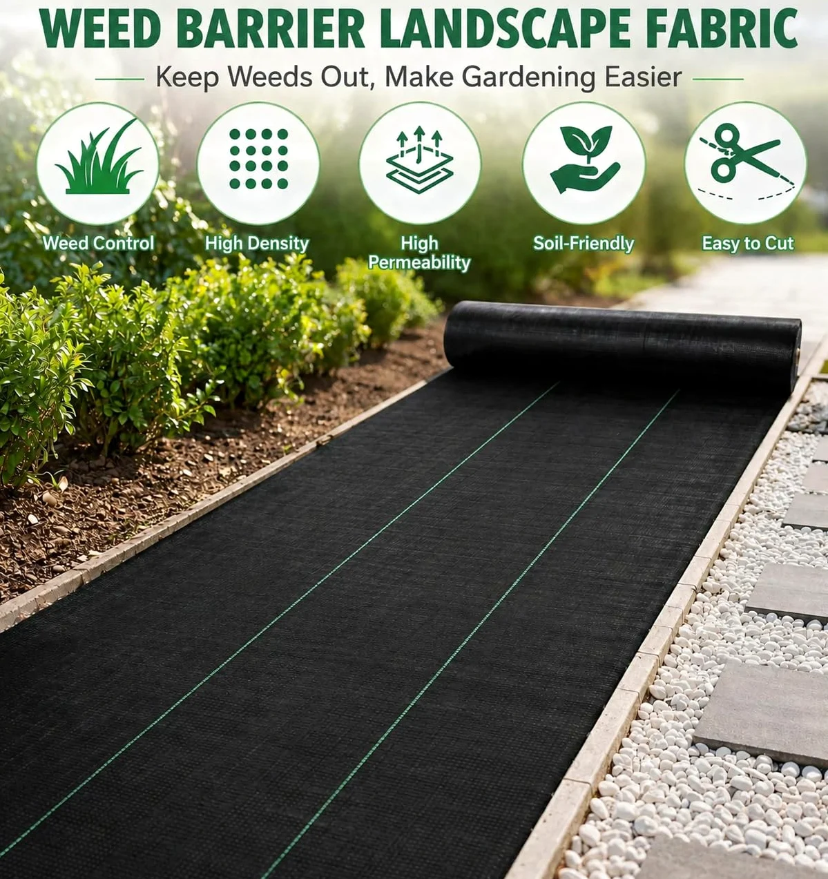 Toile anti-mauvaises herbes - 1,83 m x 91,4 m - Avec grille pour plantes - Film anti-mauvaises herbes robuste pour jardin, plate-bande surélevée et allée - Respirant et perméable à l'eau