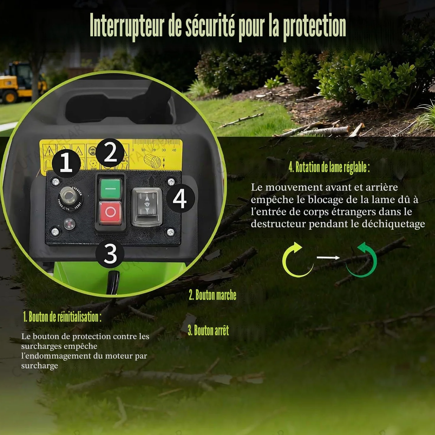 Déchiqueteur Bois Électrique, Broyeur Jardin 2800W Avec Capacité Branches 45mm, Sac Collecteur Amovible 60L, Interrupteur Sécurité Et Design Portable, Adapté Entretien Jardin.