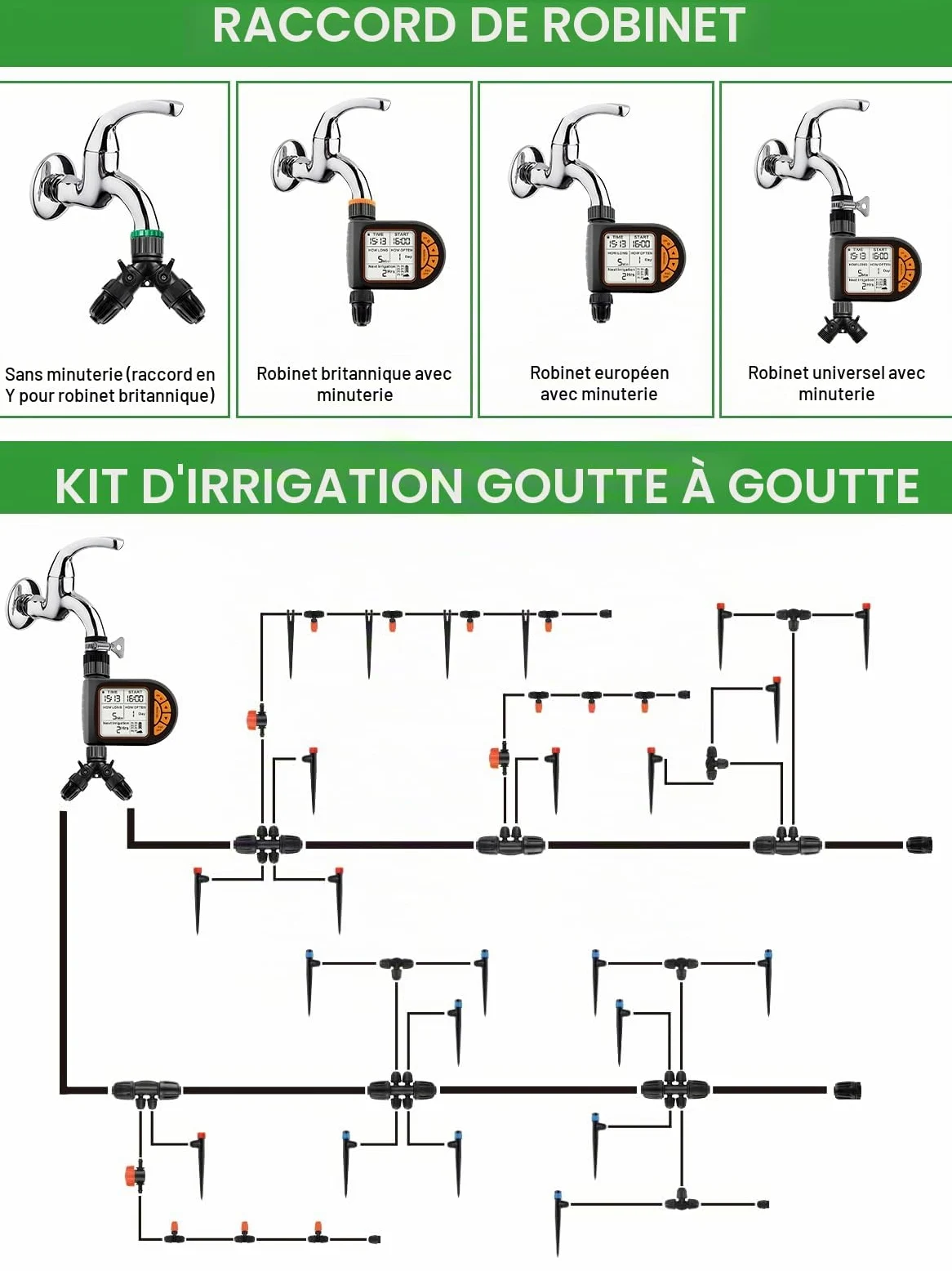 Kalolary 207 Pieds Kit d'Arrosage Goutte Automatique avec Minuterie | 1/4" 1/2" Système d'Arrosage Jardin Réglable avec Tuyaux 4/7 mm 16 mm Système d'Arrosage Automatique Micro Goutte Serre
