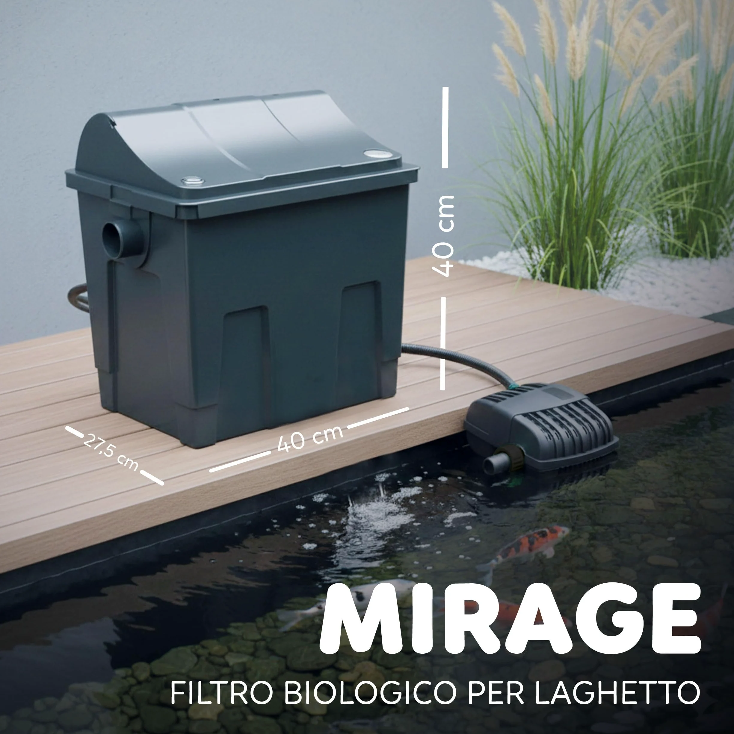 AQPOND Mirage Filtre de Bassin Biologique avec stérilisateur UV intégré, Pompe 2500L/H et éponges filtrantes - Système de Filtration Complet pour bassins jusqu'à 7000 litres - Taille compacte