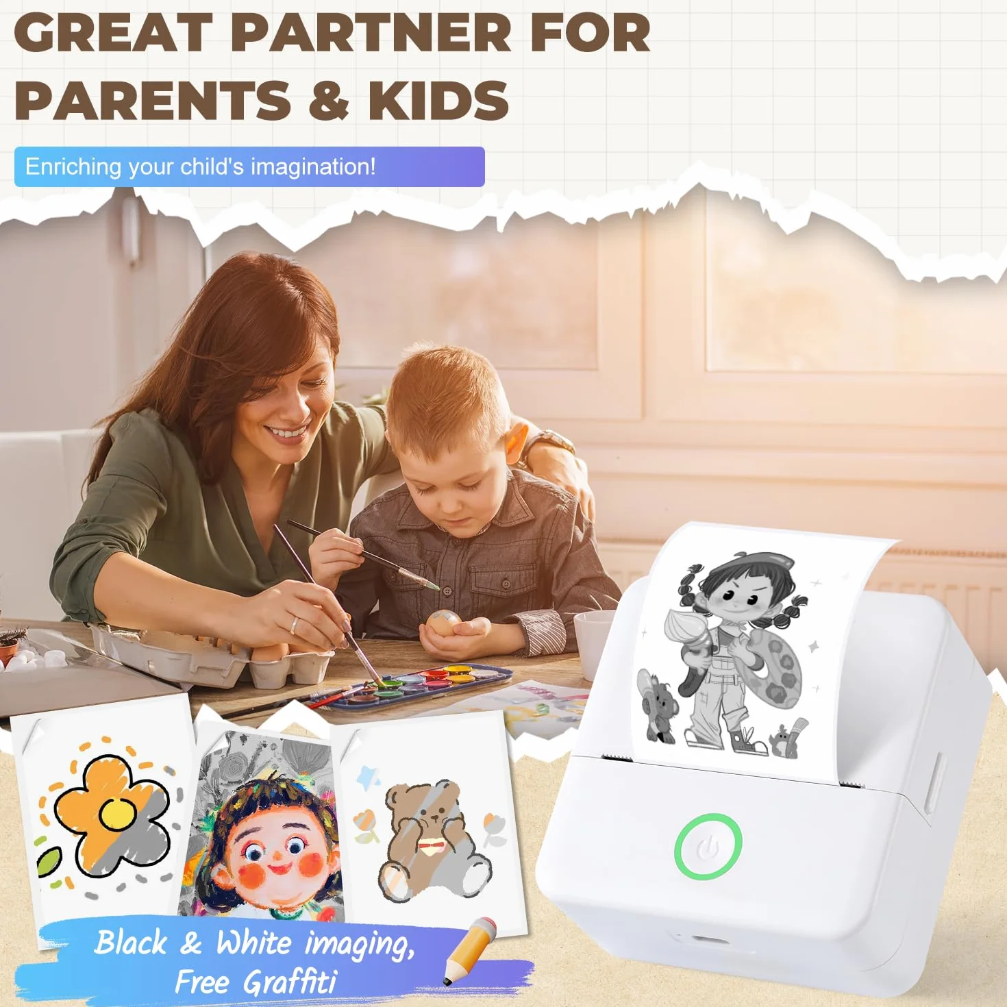 Mini imprimante photo portable Bluetooth avec 10 rouleaux de papier thermique, compatible iOS Android (blanc)