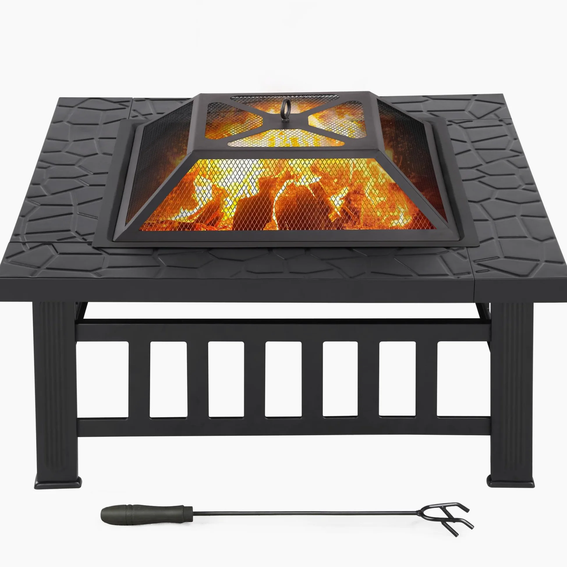 Yaheetech Brasero Extérieur 3 en 1 Carrée Multifonctionnelle 81x81x50cm pour Terrasse Balcon Poêles à Bois avec Couverture en Maille Poker Noir