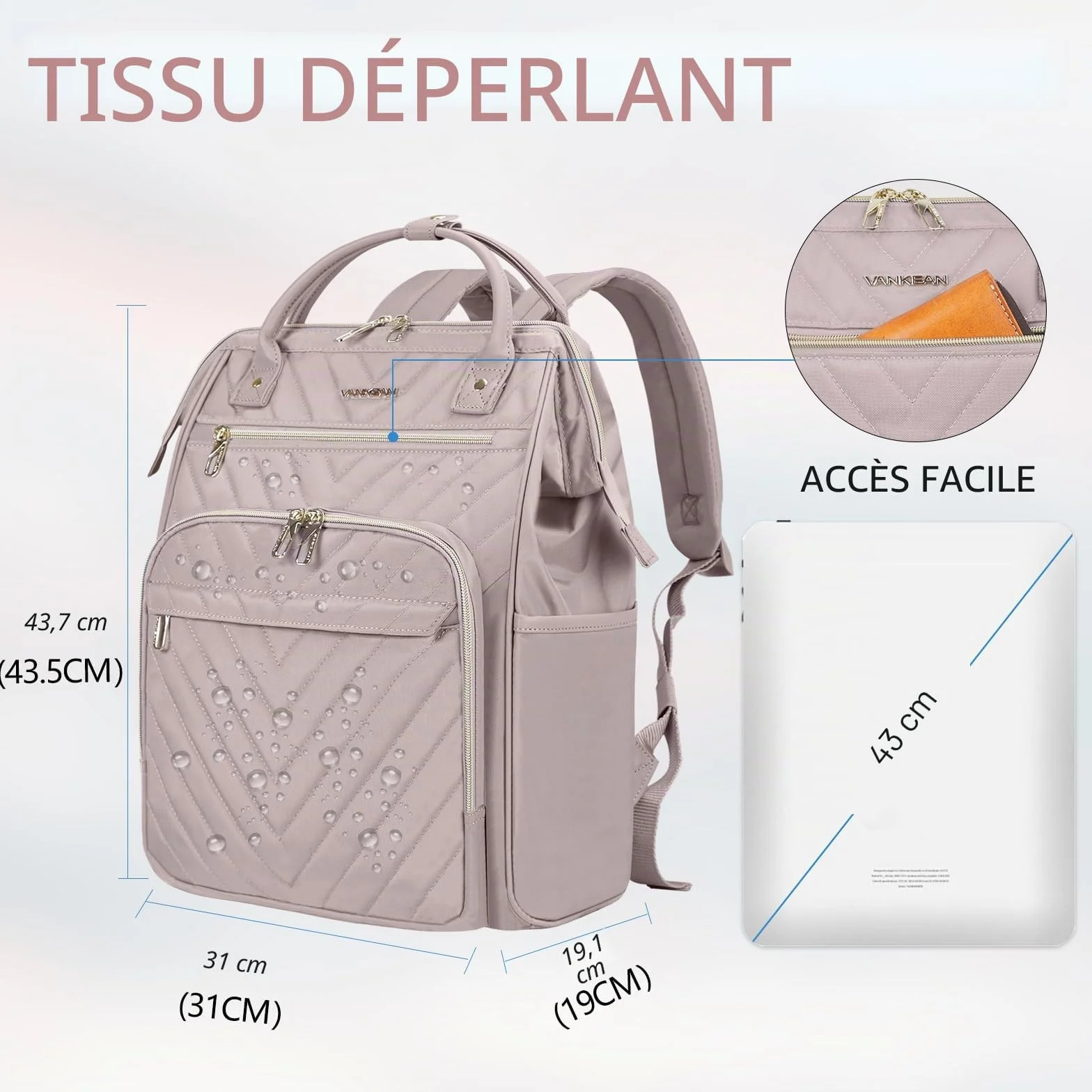 VANKEAN Sac à Dos Ordinateur Portable 17 Pouces Imperméable Grande Capacité Rose