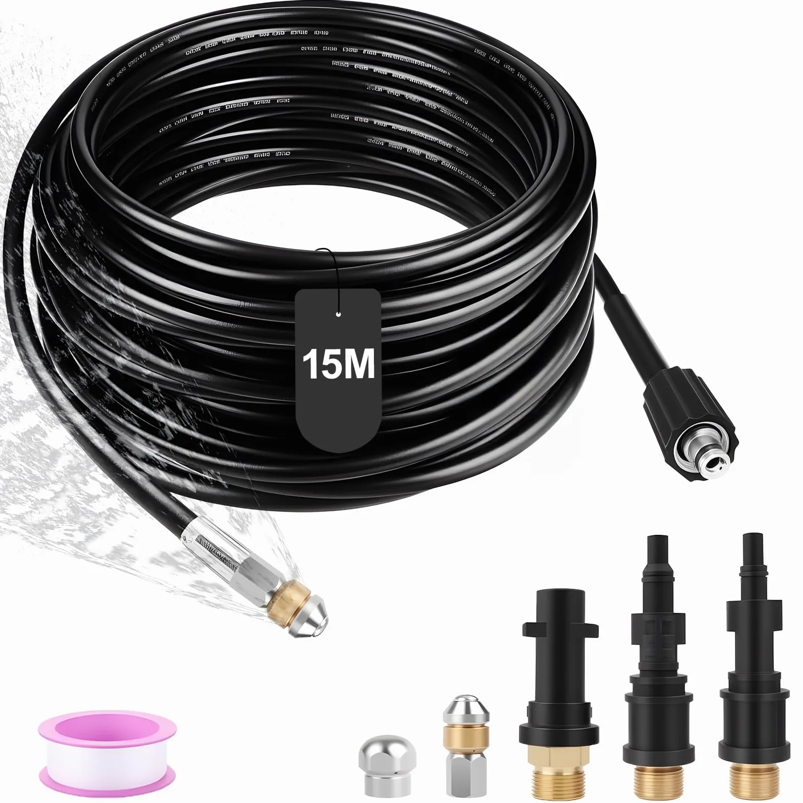 Tuyau de débouchage 15 m pour canalisation avec 3 adaptateurs et 2 buses | Flexible haute pression pour Karcher et Lavor, nettoyeur anti-bouchon, adapté aux canalisations, conduits et évacuations