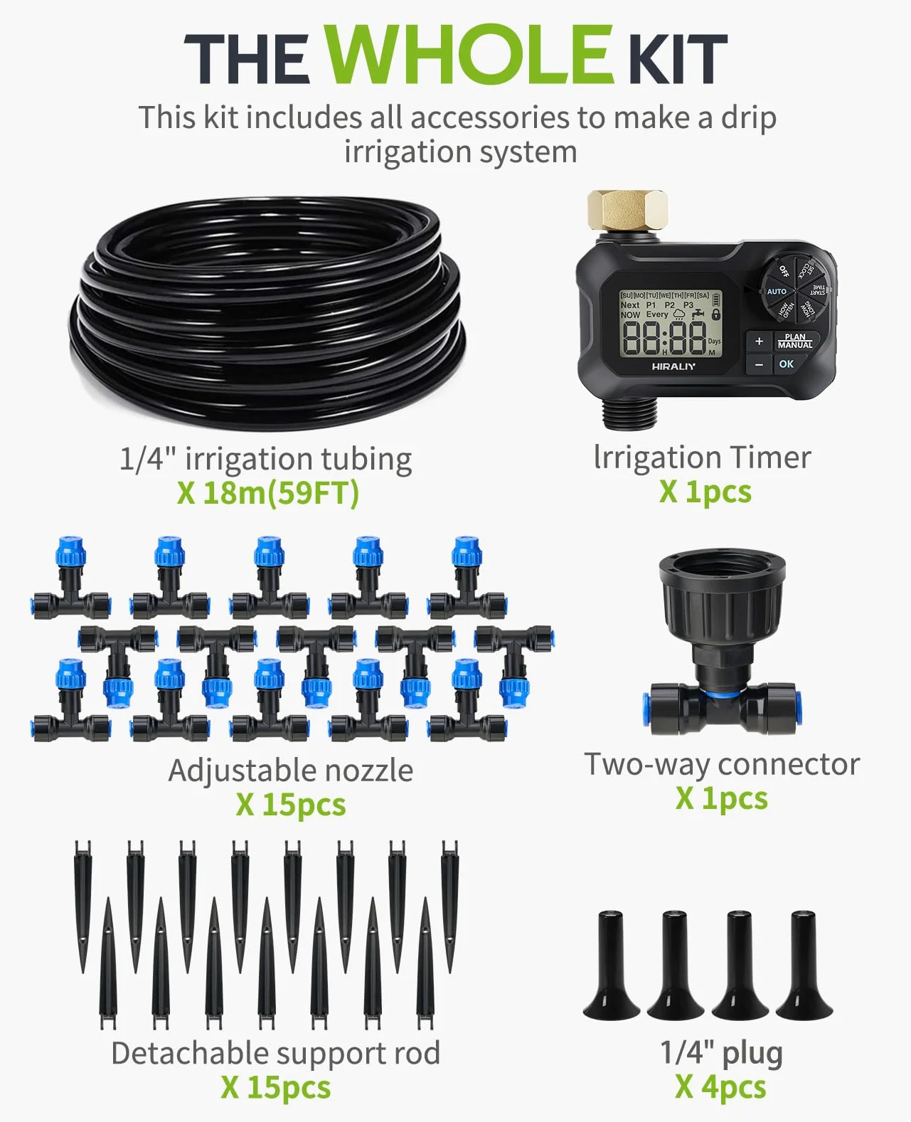HIRALIY Kit d'irrigation goutte à goutte pour serre de 15,7 m avec minuterie de jardin, système d'arrosage pour plantes suspendues, avec tubes, buses de brumisation et minuterie d'eau, système