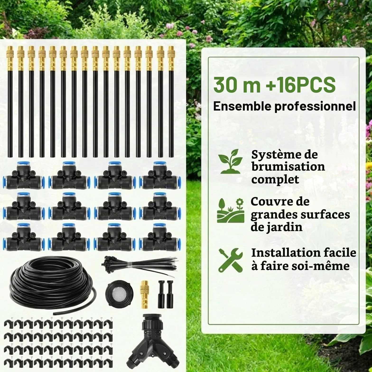 Système D’Arrosage Automatique 30m, 16 Buses Orientables, Kit de Brumisation 6mm en Laiton pour Jardin, Serre et Terrasse, Installation Sans Outil, Jusqu’à 80% d’Eau Économisée
