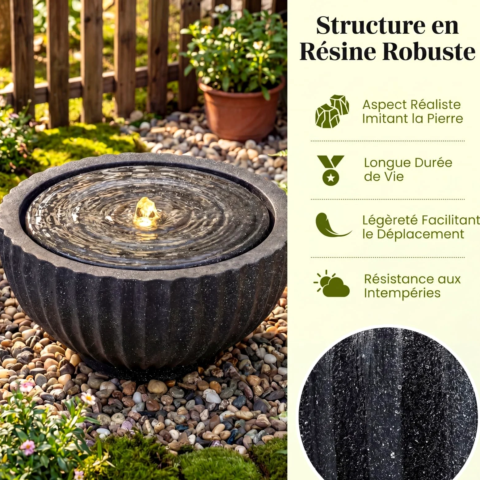 COSTWAY Fontaine Solaire d'Extérieur, Fontaine de Jardin Décorative avec 6 LED, Cascade Décoration en Forme de Bol Aspect Pierre en Résine Fibre de Verre pour Terrasse/Balcon, 45 x 45 x 23,5 cm