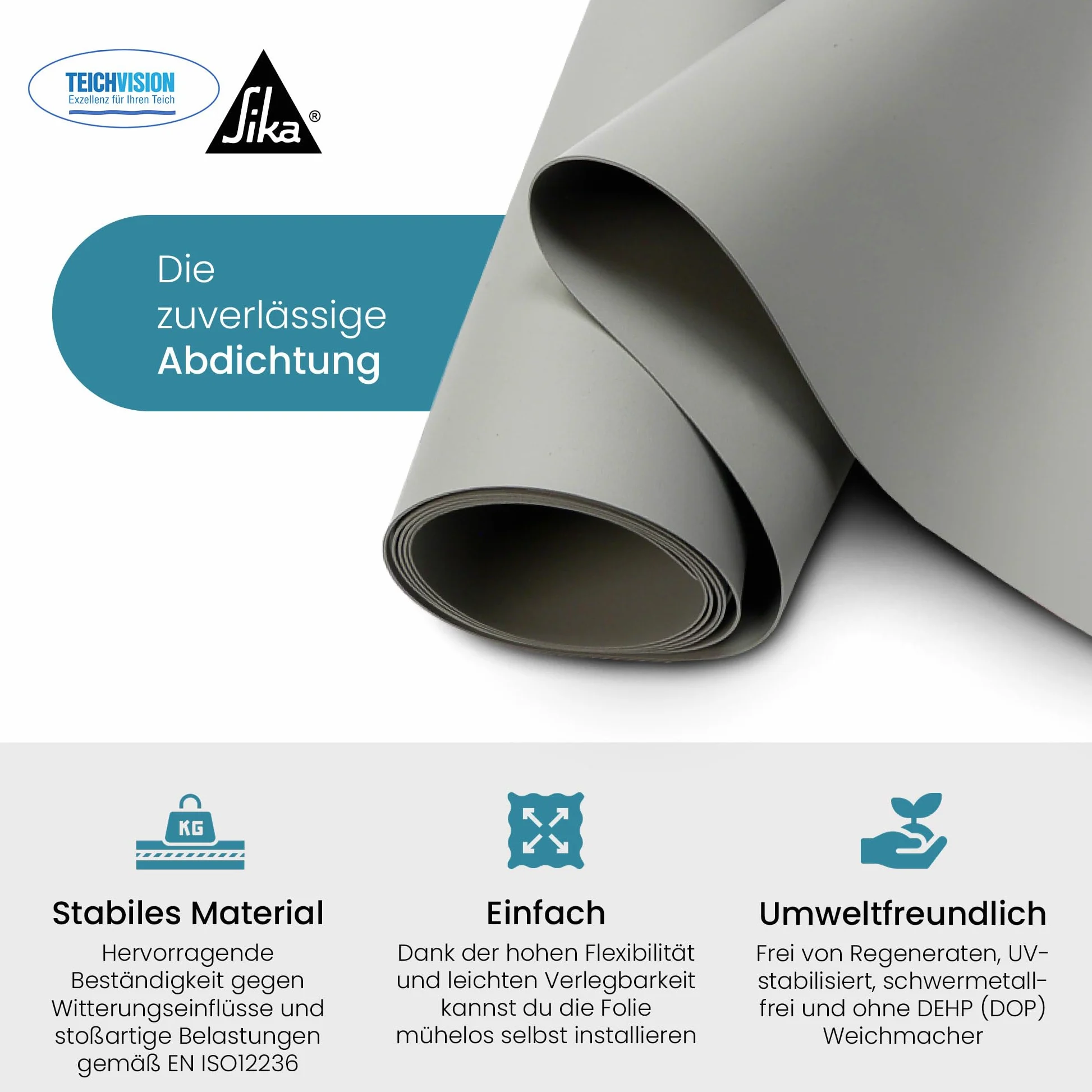 TeichVision - Bâche en PVC de qualité supérieure pour bassin - Gris clair - Épaisseur : 1 mm - 2 m x 3 m - Film PVC gris - Convient pour les étangs, les biotopes, les piscines naturelles